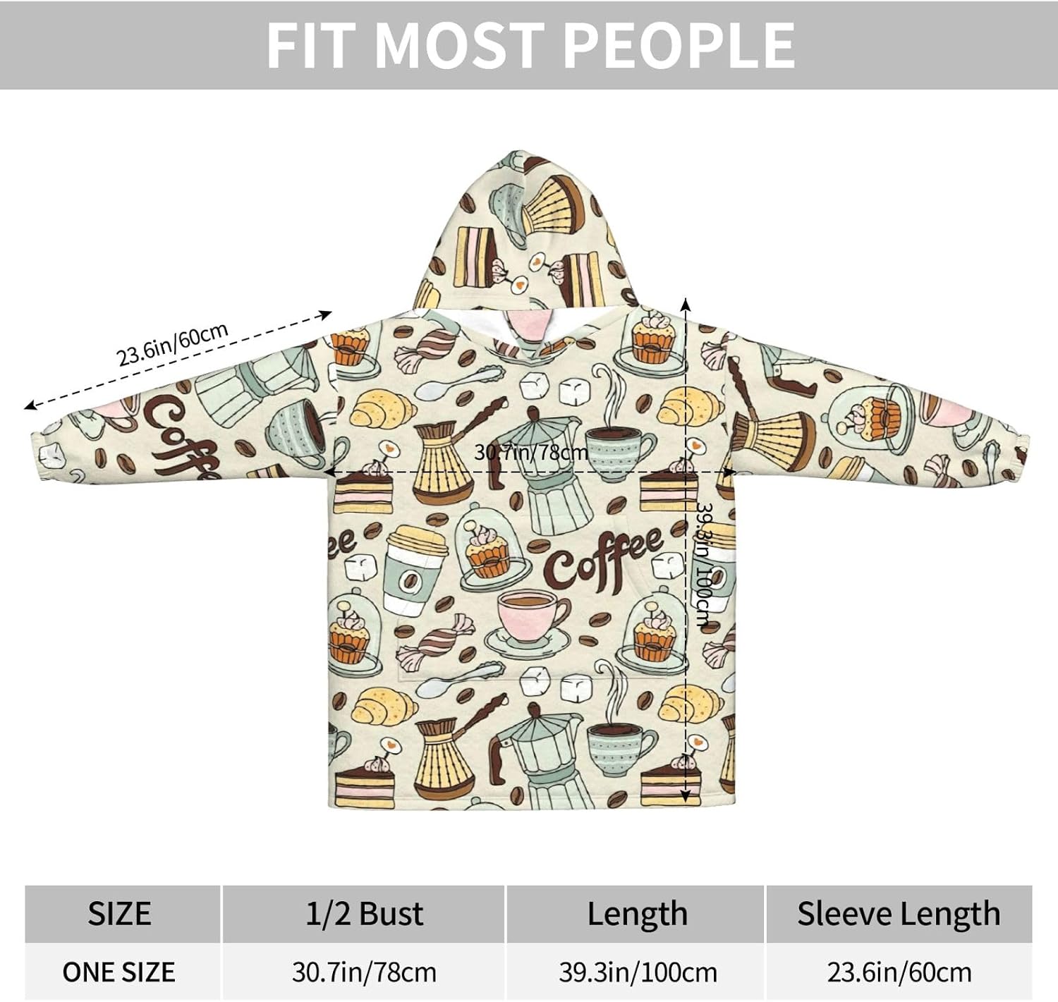 Coffee And Sweets Sugar Chocolateprint Oversized Hoodie Blanket, Super Soft Warm Comfortable Hoodie, Wearable Blanket Adult