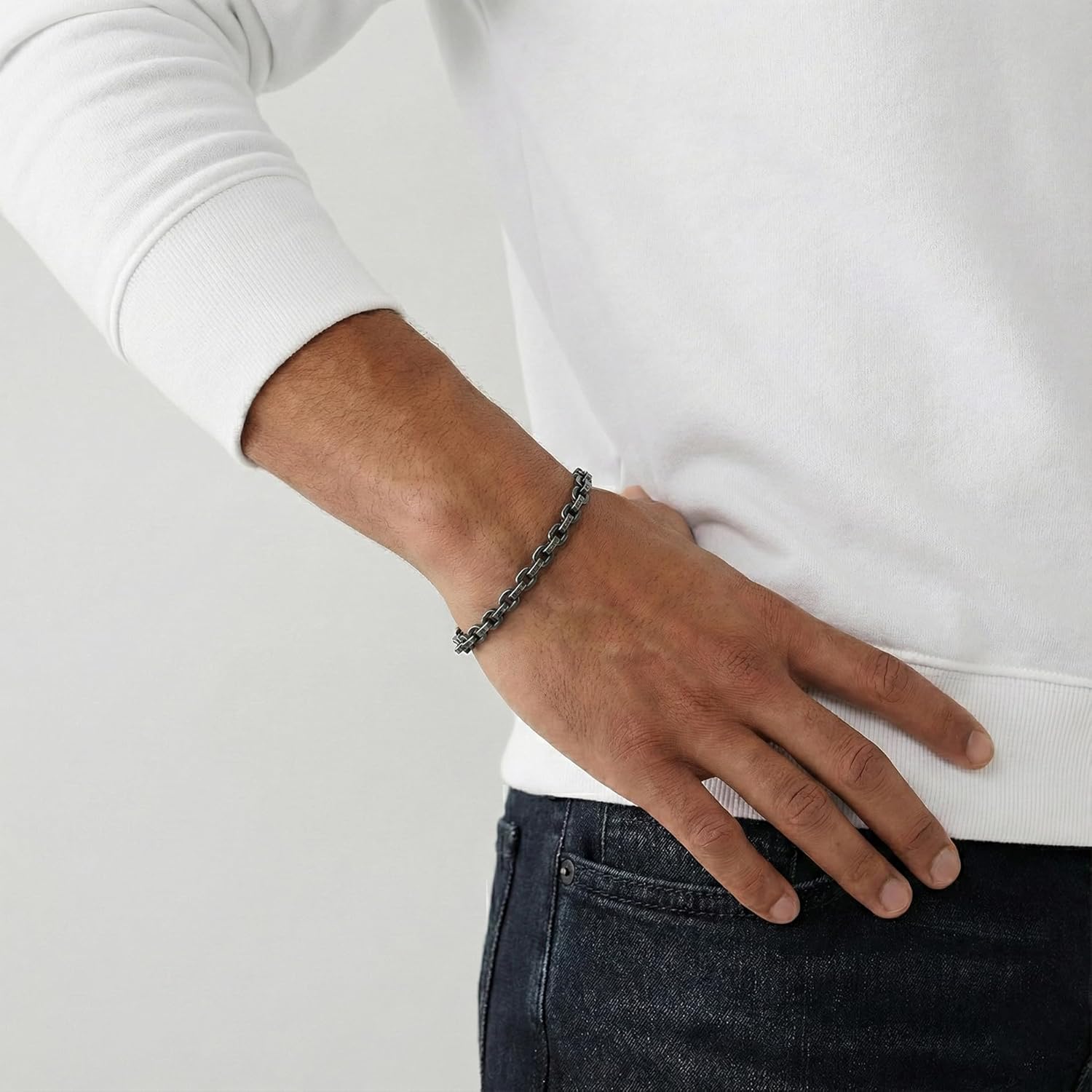 True Religion 8mm Wide 8 Inch Rolo Chain Bracelet for Men Black Rhodium Plated Stainless Steel - Image 2