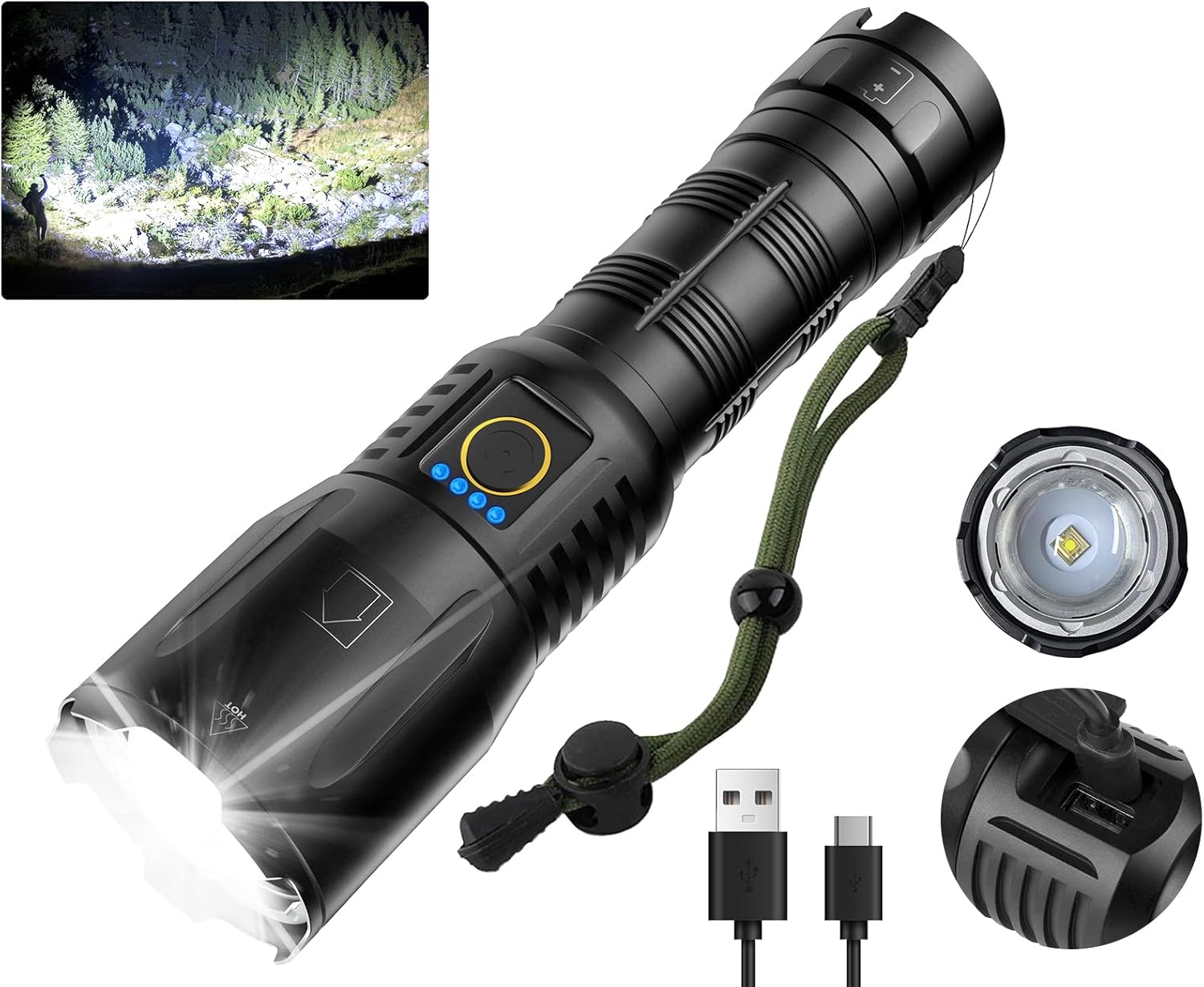 Rechargeable Flashlight 90,000 High Lumens - Super Bright with 5 Light Modes, Adjustable Focus IPX6 Waterproof Powerful LED Flash Light for Home, Camping, Outdoor Activities