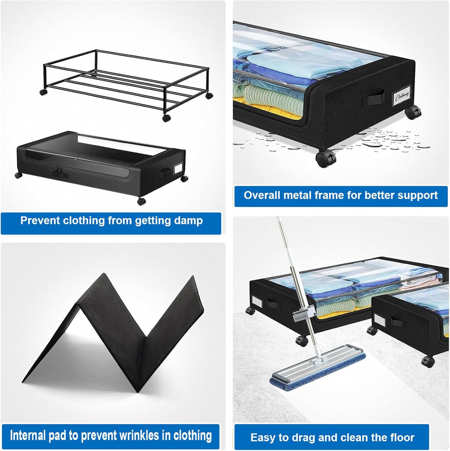 Large Capacity Rolling Under Bed Storage with Wheels, 2 Pack Under Bed Storage Containers with Clear Lid,Under Bed Storage Organiser Drawer Containers for Clothes Toys,B