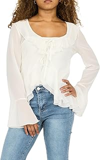 Forever 21 Women's Tie Front Top with Flounce Sleeves and Flyaway Hem