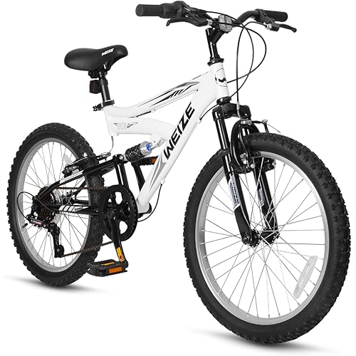 WEIZE Kids Mountain Bike, 20 24 inch Kids' Bicycles for 6-14 Years Old Boys Girls with Dual Full Suspension, 6 Speeds Drivetrain, High-Carbon Steel Frame, Ideal for Young Riders and Adventurers