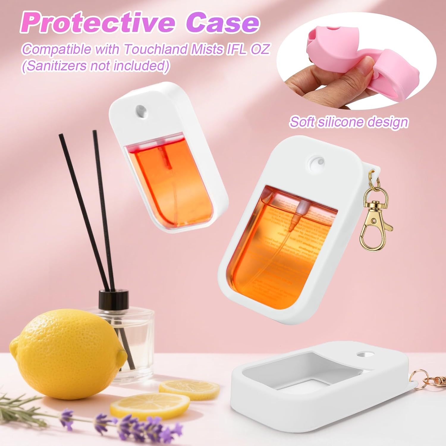 AIERSA Hand Sanitizer Spray Case Compatible with Touchland, Silicone Hand Sanitizer Case Holder with Keychain for Touch Land Mist 1FL. OZ (White)