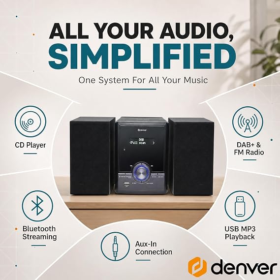 Denver CD Player for Home Mini Hifi System - DAB Radio with CD Player, Hi Fi music System with Bluetooth Stereo System, USB & Remote - MDA-285