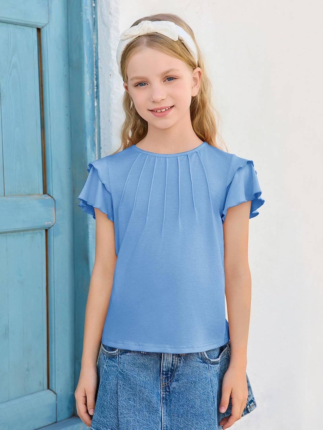 Haloumoning Girls Pleated Ruffle Short Sleeve Shirts Kids Summer Crewneck T-Shirts Fashion Tops Tees 5-14 Years - Image 4