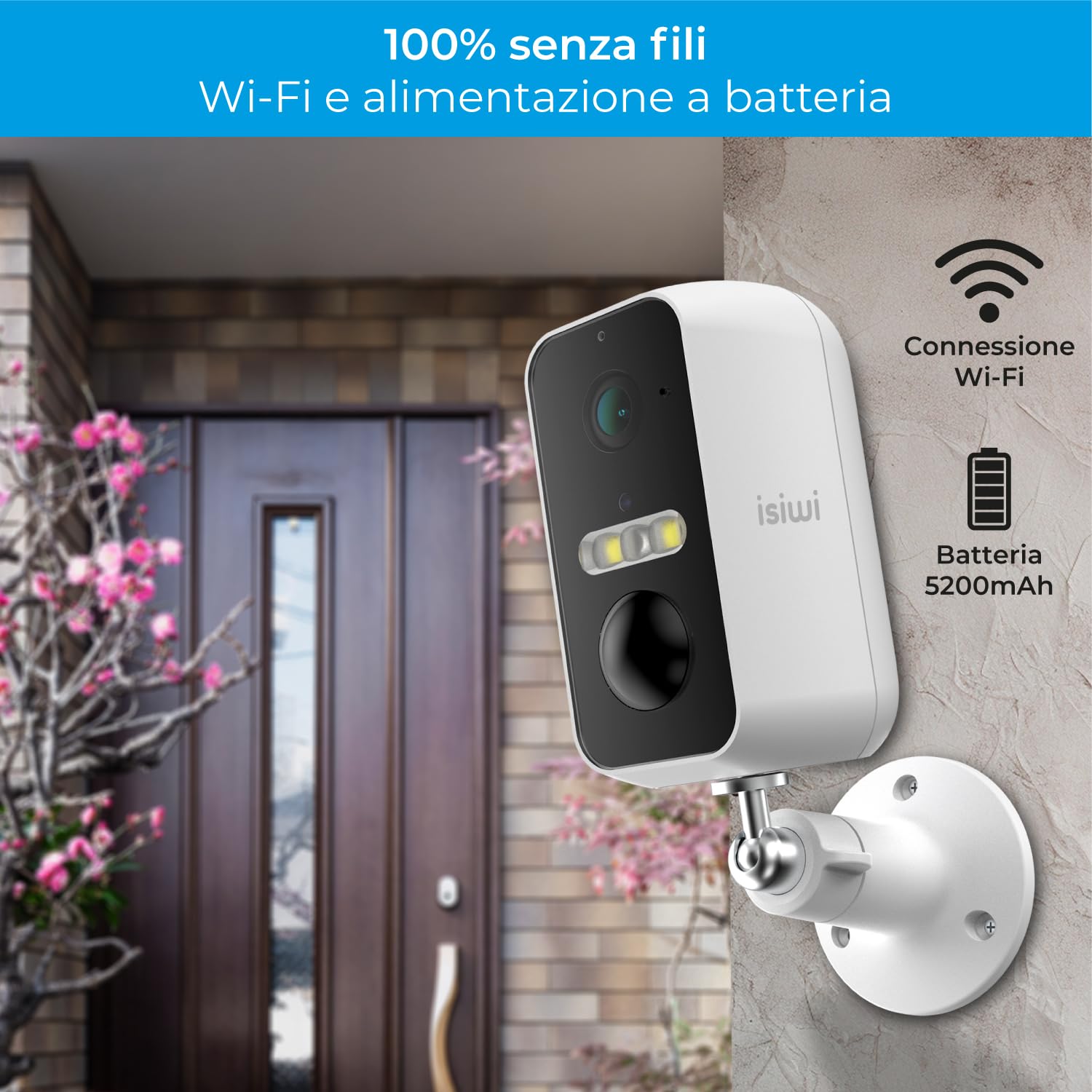 Fri+ Telecamera Sorveglianza Wi-Fi Esterno senza fili a Batteria 5MP con Sirena Integrata, Tecnologia DualLight, Spotlight Notturno, Rilevamento Umano AI, PIR, IP65, Alexa/Google Home, ISW-BBT5M