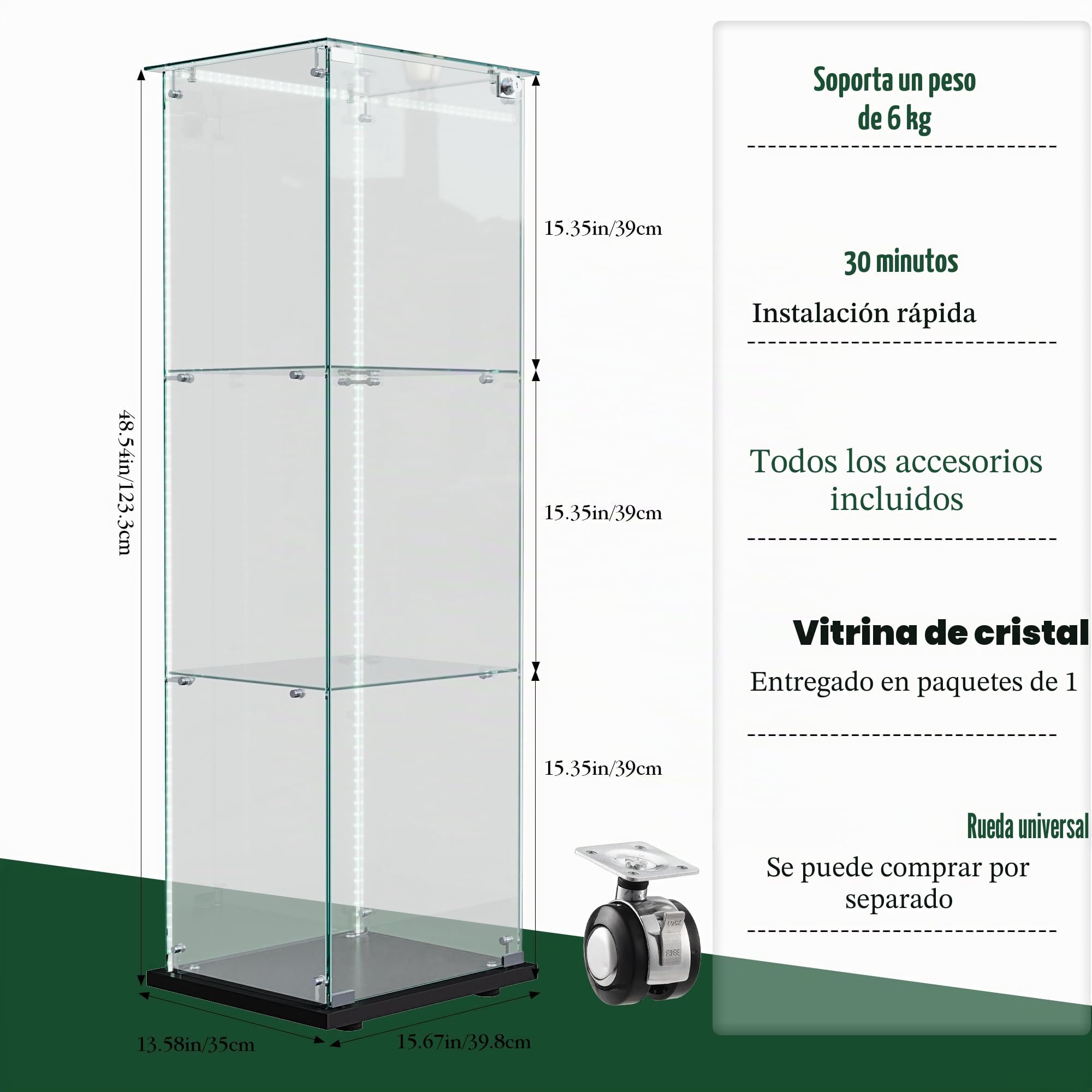 Vitrina de cristal con luces LED moderna, armario de 3 estantes y puerta, pared para colección, dormitorio, salón y comedor, 123 x 40 x 35 cm, color negro