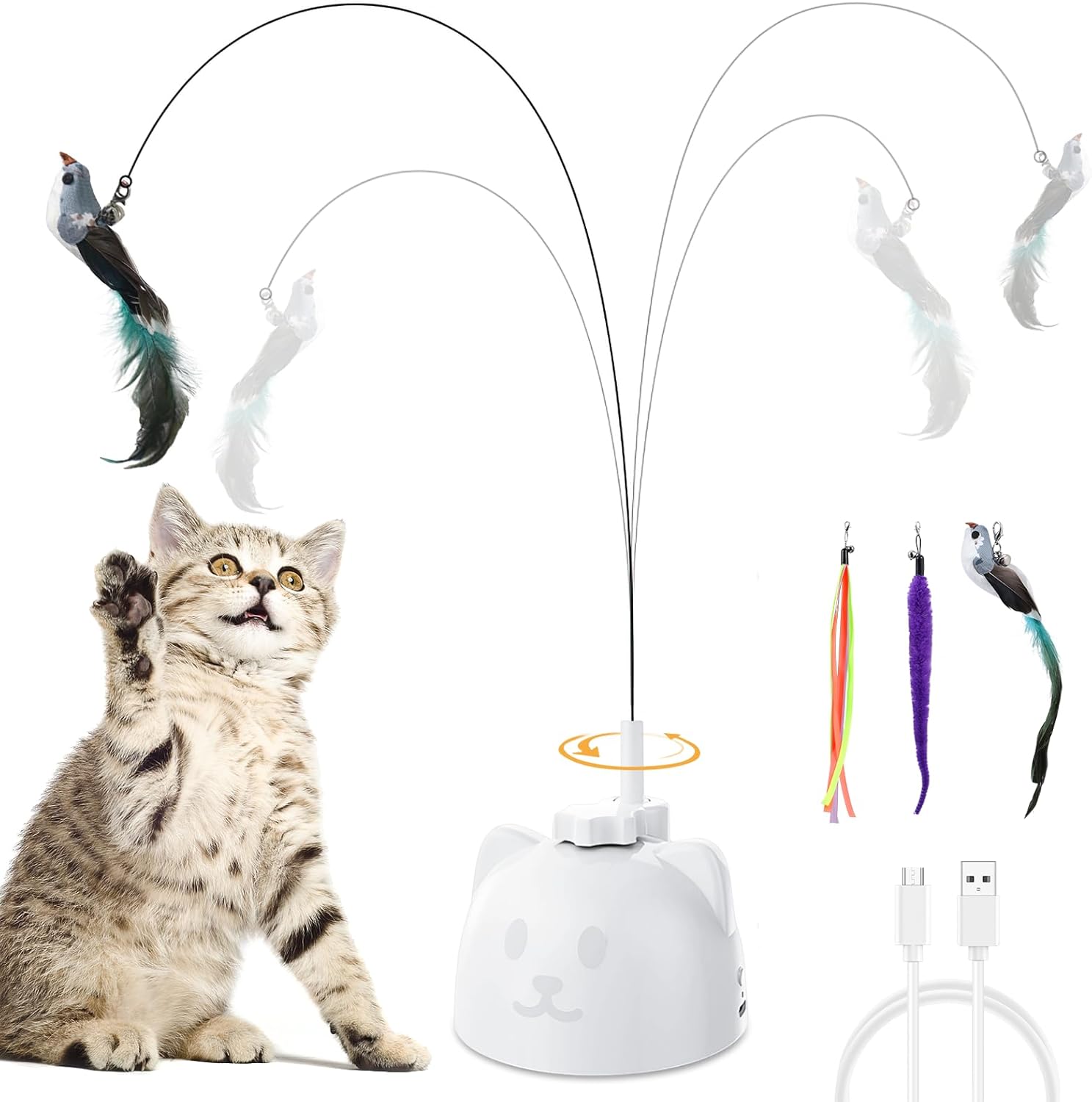 Interactive Cat Toys, Automatic Cat Toy for Indoor Cats, Irregular Rotation Teaser Wand with Reusable Sticker Base, Promote Exercise and Reduce Stress, White