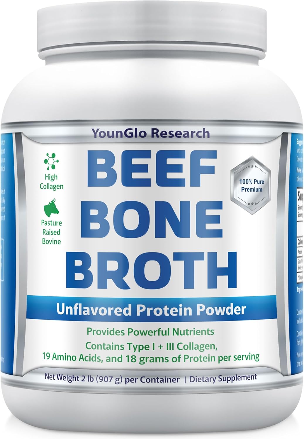 Bone Broth Beef Protein Powder - 2 lb, Unflavored - High Collagen & Gelatin from Grass Fed Bovine - Nutritious Marrow Benefits for Soups, Paleo & Keto Friendly Diets