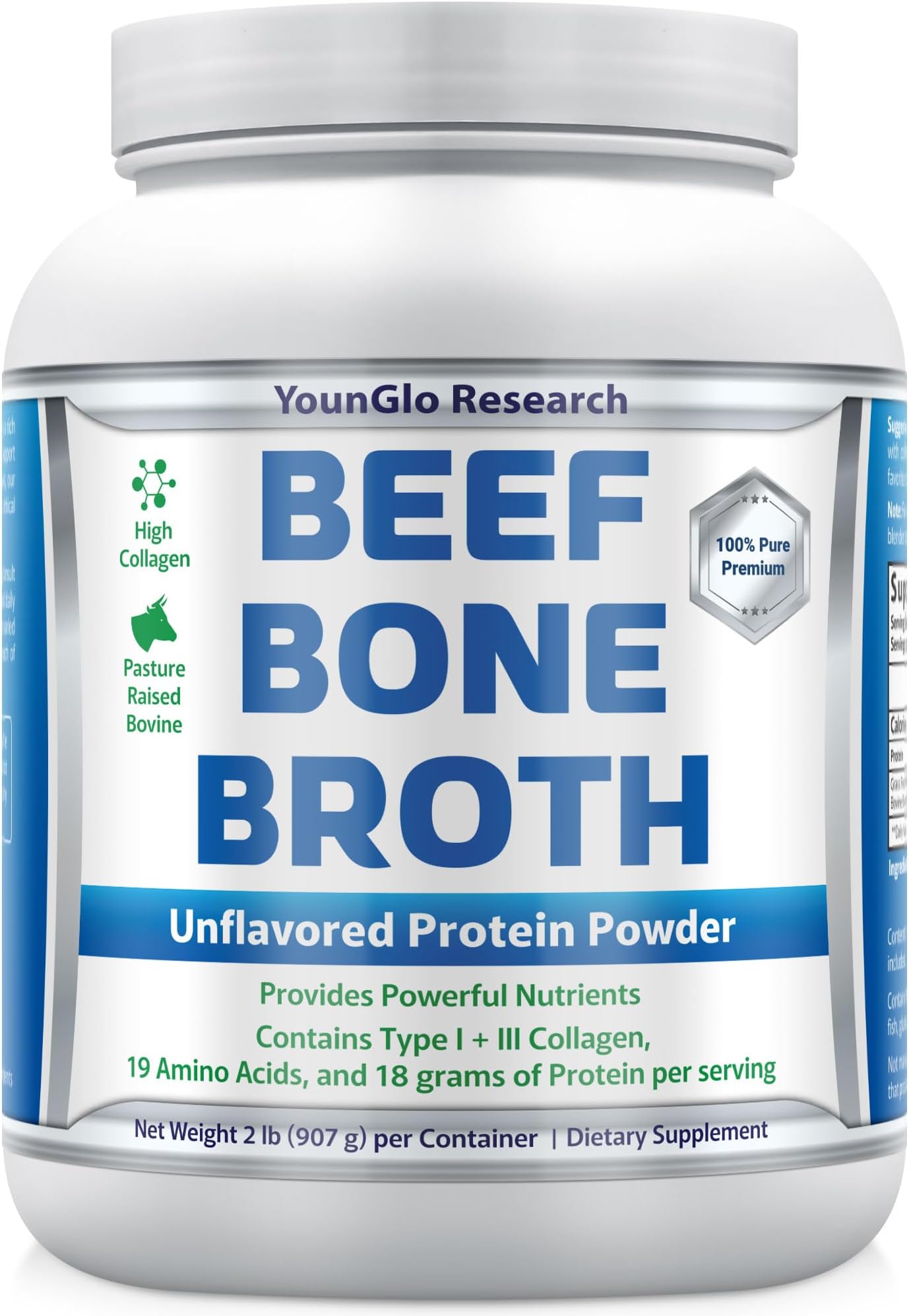Bone Broth Beef Protein Powder - 2 lb, Unflavored - High Collagen & Gelatin from Grass Fed Bovine - Nutritious Marrow Benefits for Soups, Paleo & Keto Friendly Diets