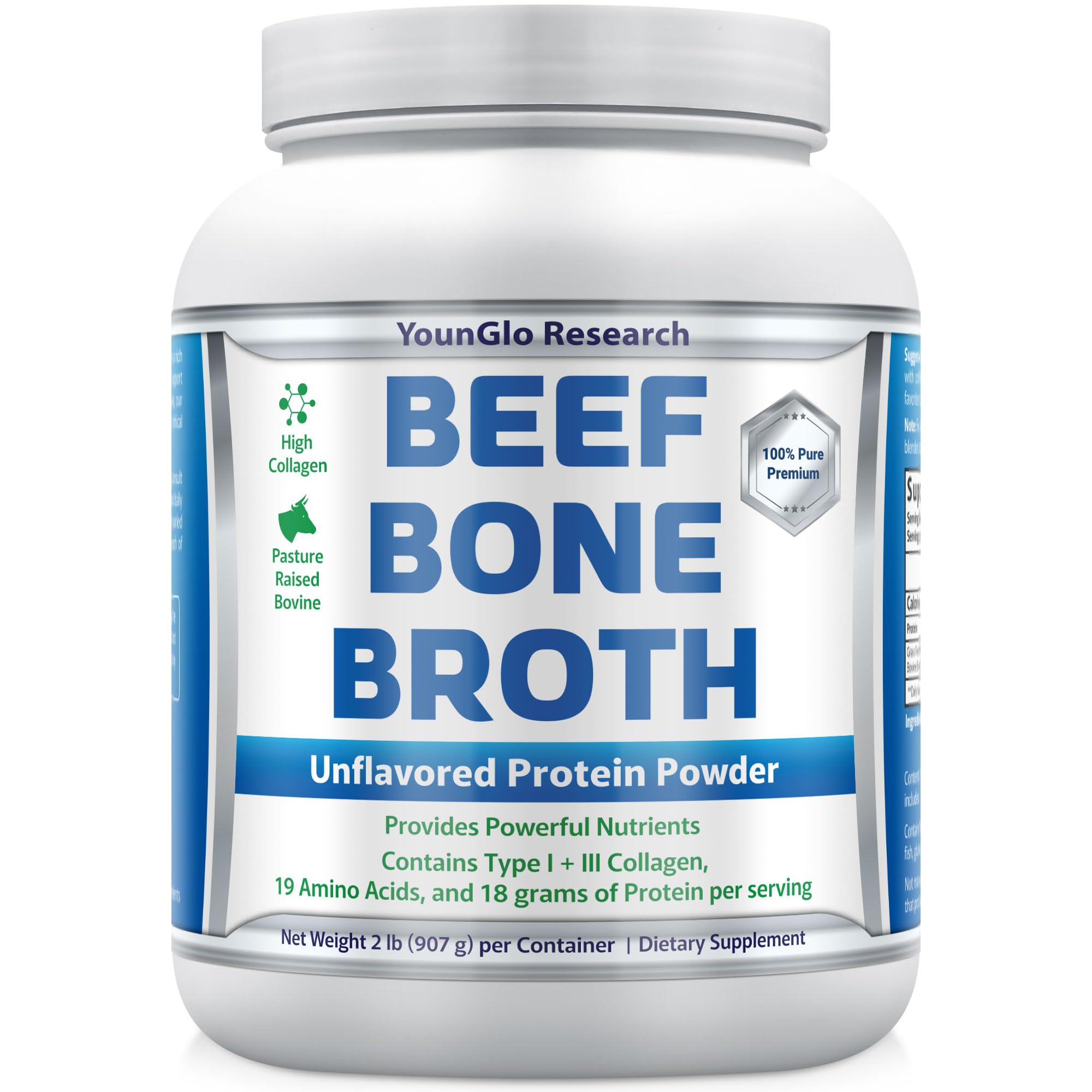 Bone Broth Beef Protein Powder - 2 lb, Unflavored - High Collagen & Gelatin from Grass Fed Bovine - Nutritious Marrow Benefits for Soups, Paleo & Keto Friendly Diets