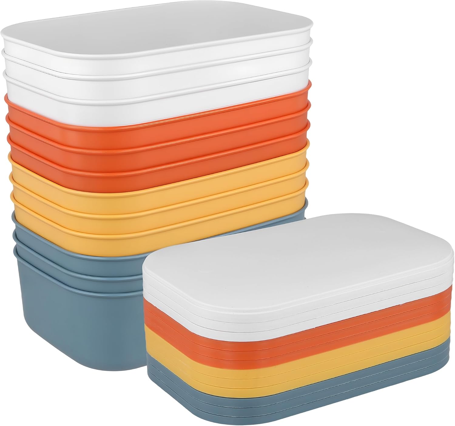 12 Pcs Colorful Flat Storage Bins with Lids, 10 x 7 x 3 Inch Stackable Plastic Colorful Storage Containers, Plastic Organizer Bin for Cabinet, Shelves, Drawers, Office Desktop
