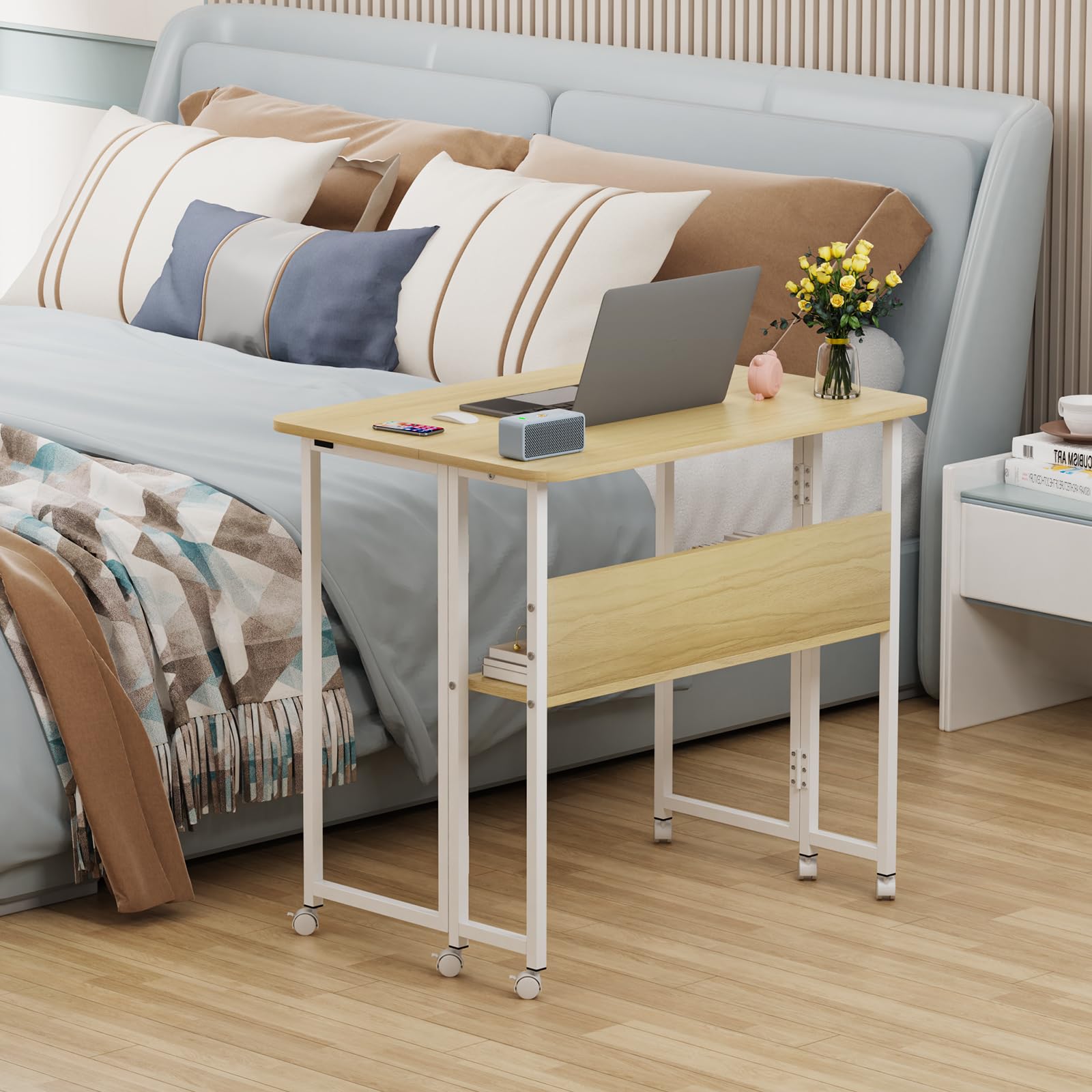 HUOLE - Tavolino per soggiorno, divano, esterno, regolabile in altezza, da appoggio per ufficio, per soggiorno, camera da letto, 80 x 58 x 75 cm - acero bianco