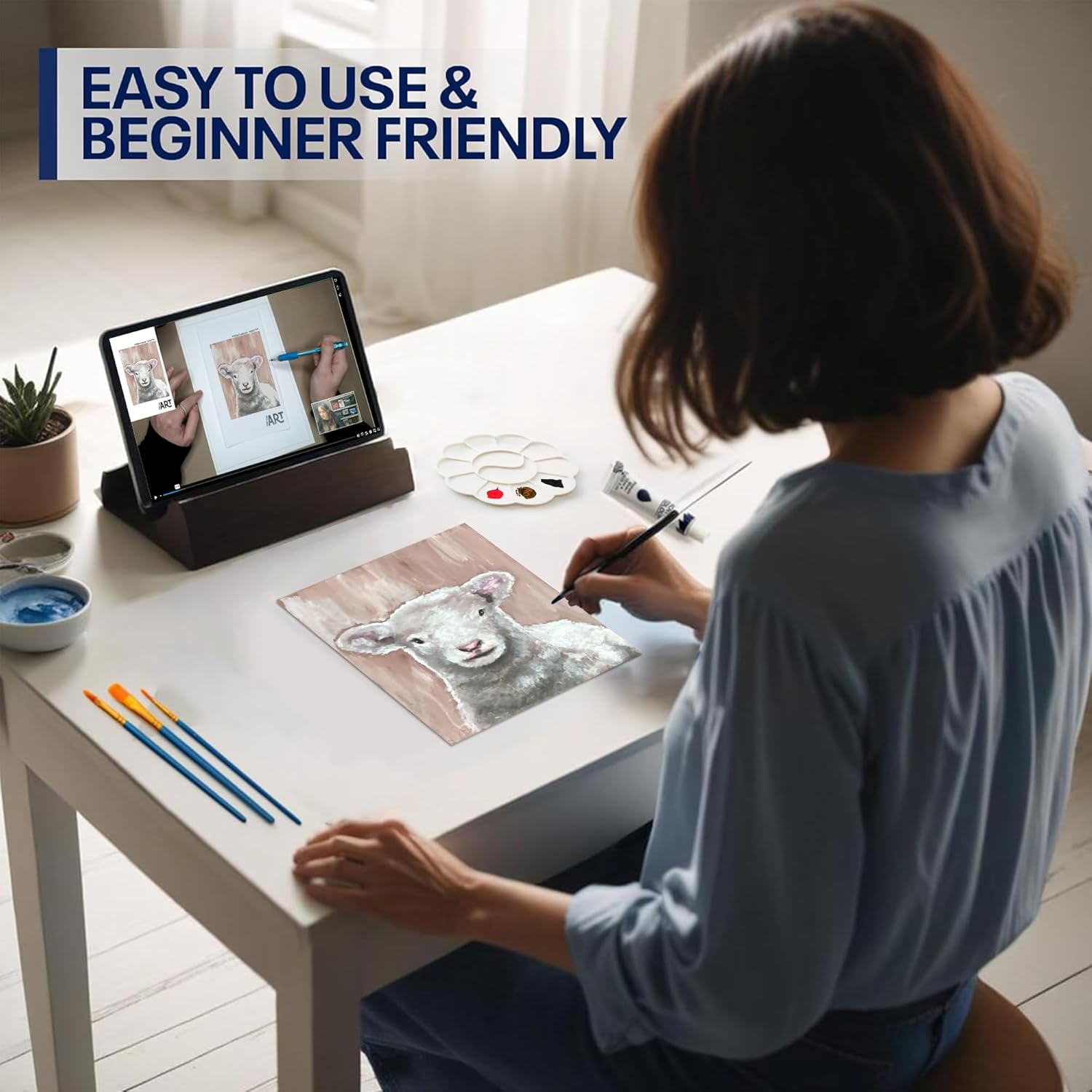 Painting4Real DIY Art Painting Kit for Adults with Video Tutorials – Learn to Paint Baby Lamb - 9 Pieces Acrylic Paint Set & Art Supplies for Adults, Mother Day Gift for Mom, Women, Mens, Art Lovers