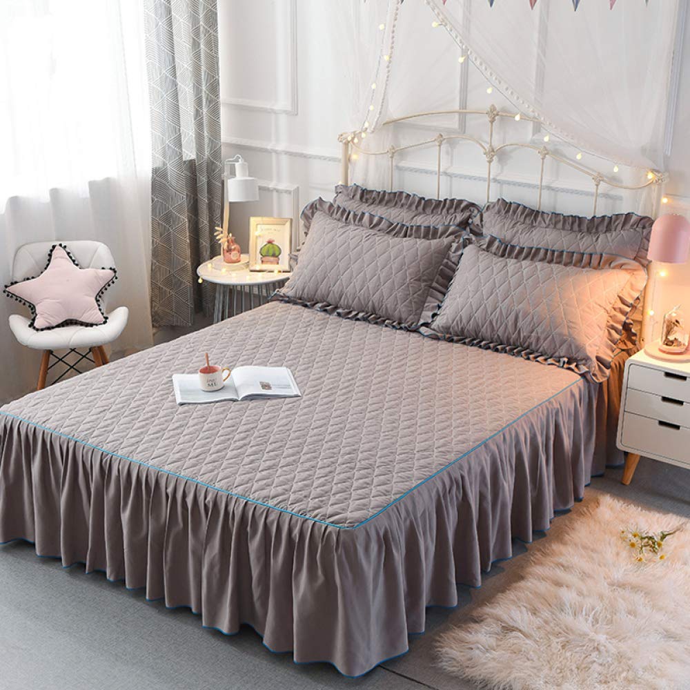 Comfortable Cotton Bed Skirt Non-slip Bed Cover Valance Skirt Fitted Bed Sheet 3PCS Bedding Set Adult Children Bedroom Decoration Bedspread With 2 Pillowcases 48x74cm,Grey-Double:180x200cm