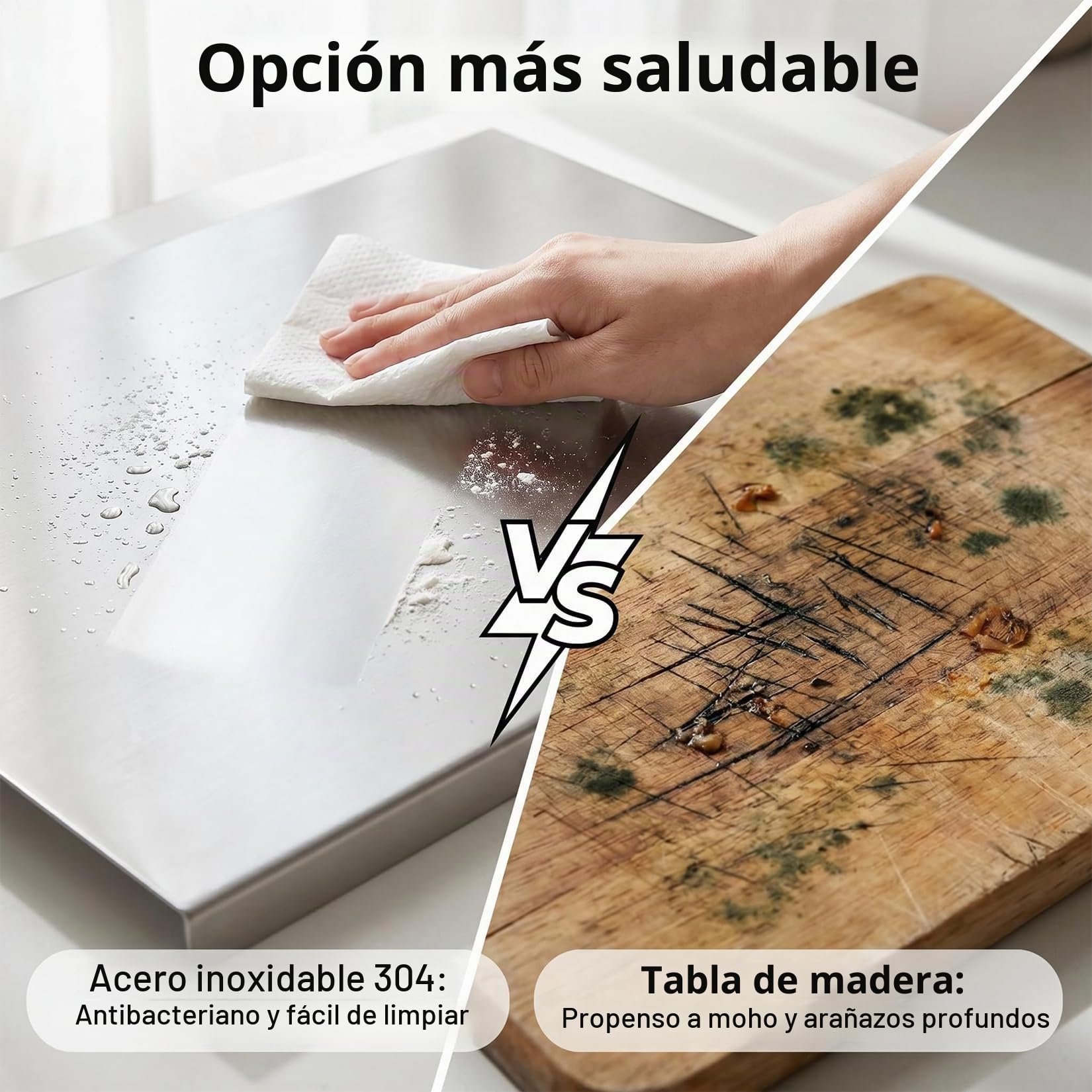 Tabla de Cortar de Acero Inoxidable 40x60 cm, Higiénica y Antibacteriana, Fácil de Limpiar, para Carne, Verduras, Frutas, Pan, Amasar y Hornear, Uso Profesional en Cocina, Bar y Restaurante