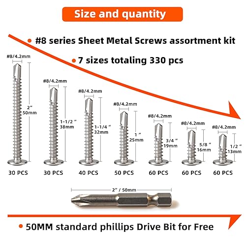 Miniatura 2 de Kit surtido de tornillos autorroscantes #8 | Tornillos autoperforantes de cabeza de armadura de acero inoxidable 410 para metal, 7 longitudes de 1/2