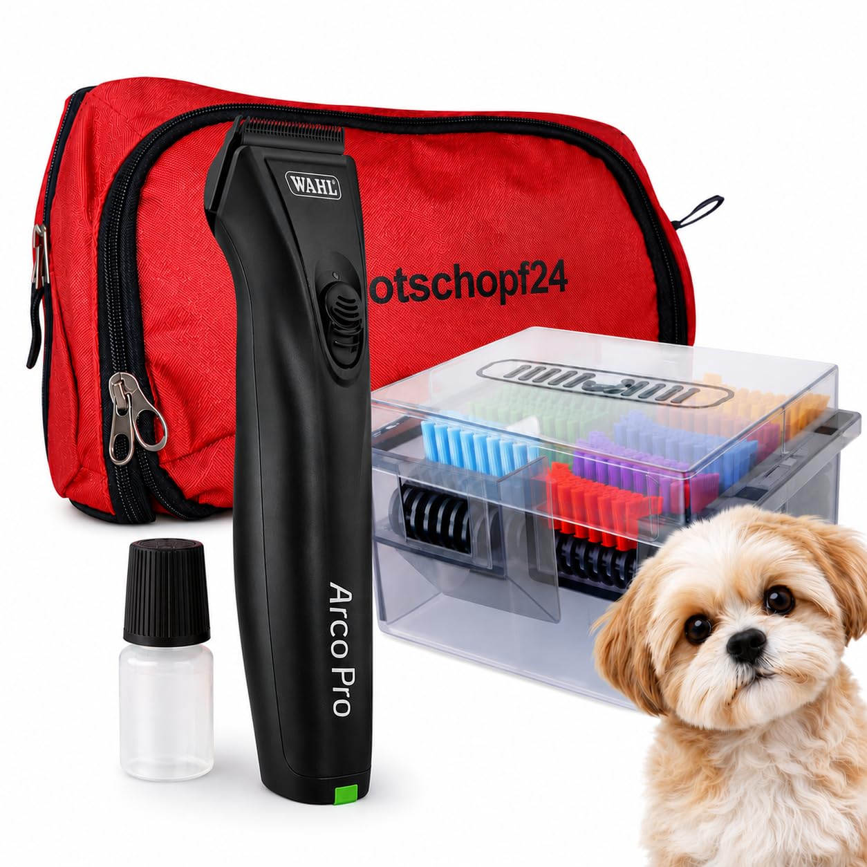 Arco Pro DIAMOND Akku Hunde Schermaschine, 8 Aufsätze + Tasche (1 Akku)