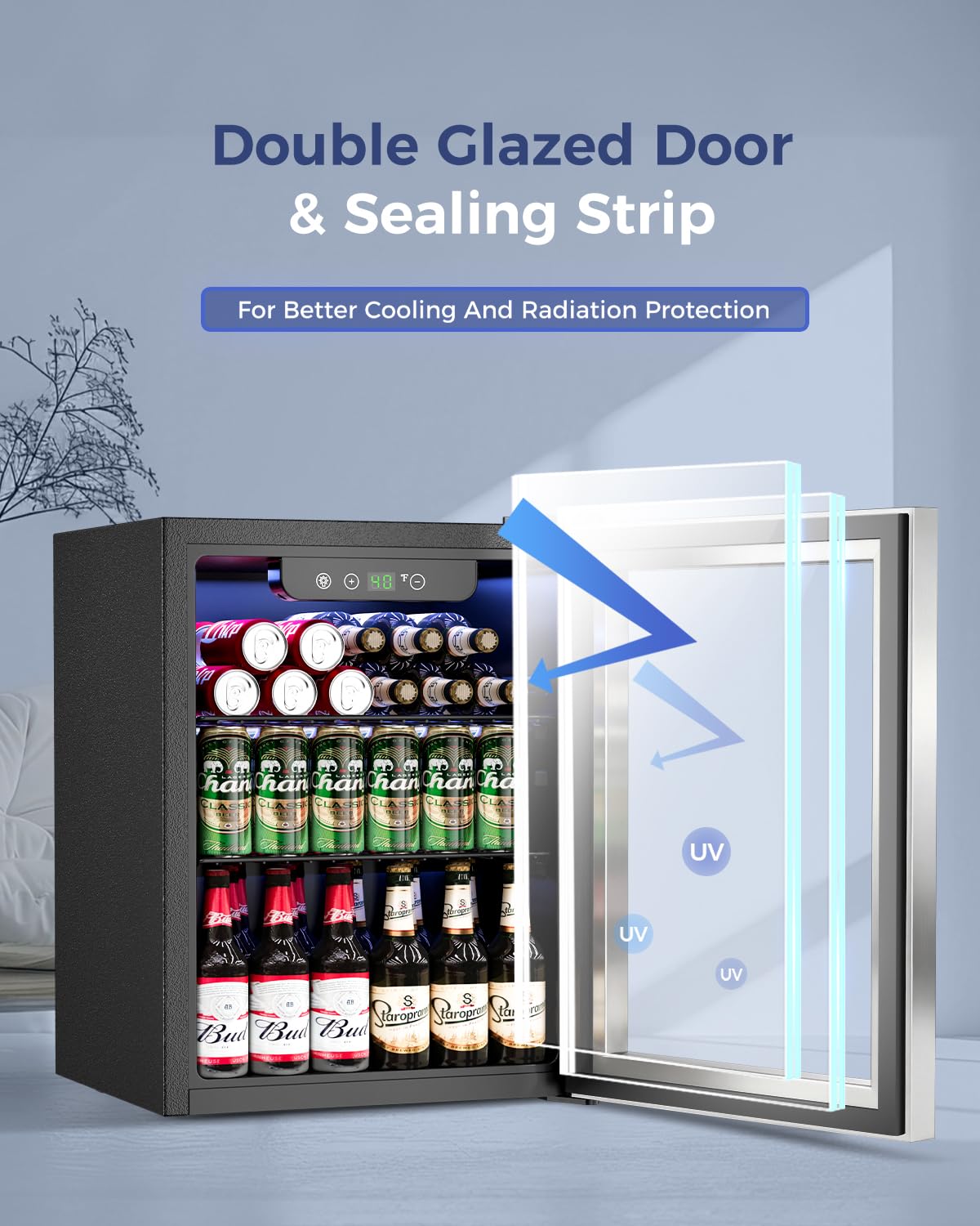 Feelfunn 1.7 Cu.Ft Beverage Refrigerator Cooler - 68 Can Mini Fridge Glass Door For Drink Soda Beer Wine - Small Refrigerator For Bedroom Office Home Dorm Bar, Silver on Fridge.com - View 5