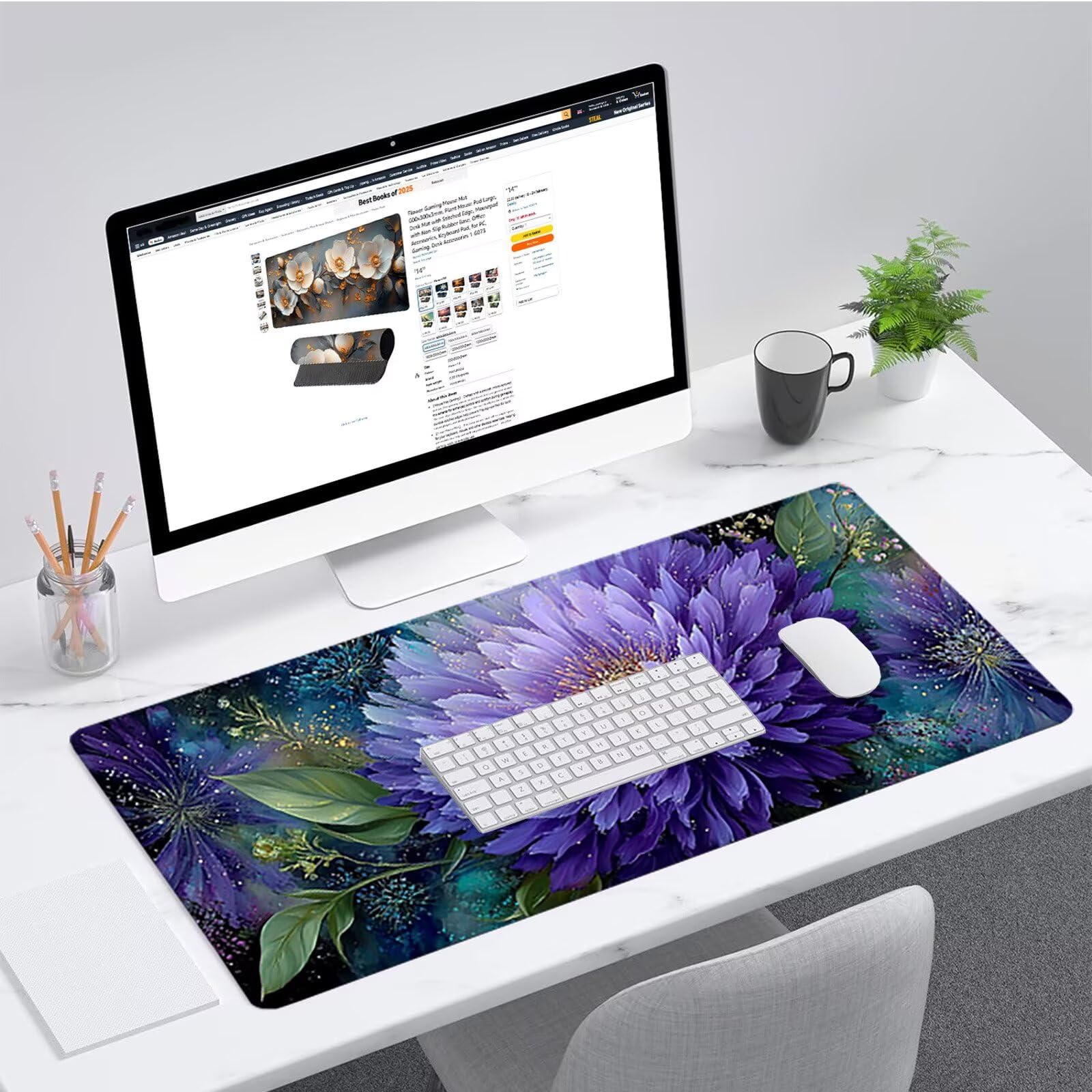 Pflanzs Gamingowa podkładka pod mysz, 1600 x 800 x 3 mm, kwiatowa, podkładka pod mysz XXL, ze zszytymi krawędziami, akcesoria gamingowe, poprawia precyzję i prędkość, podkładka pod mysz, duża do