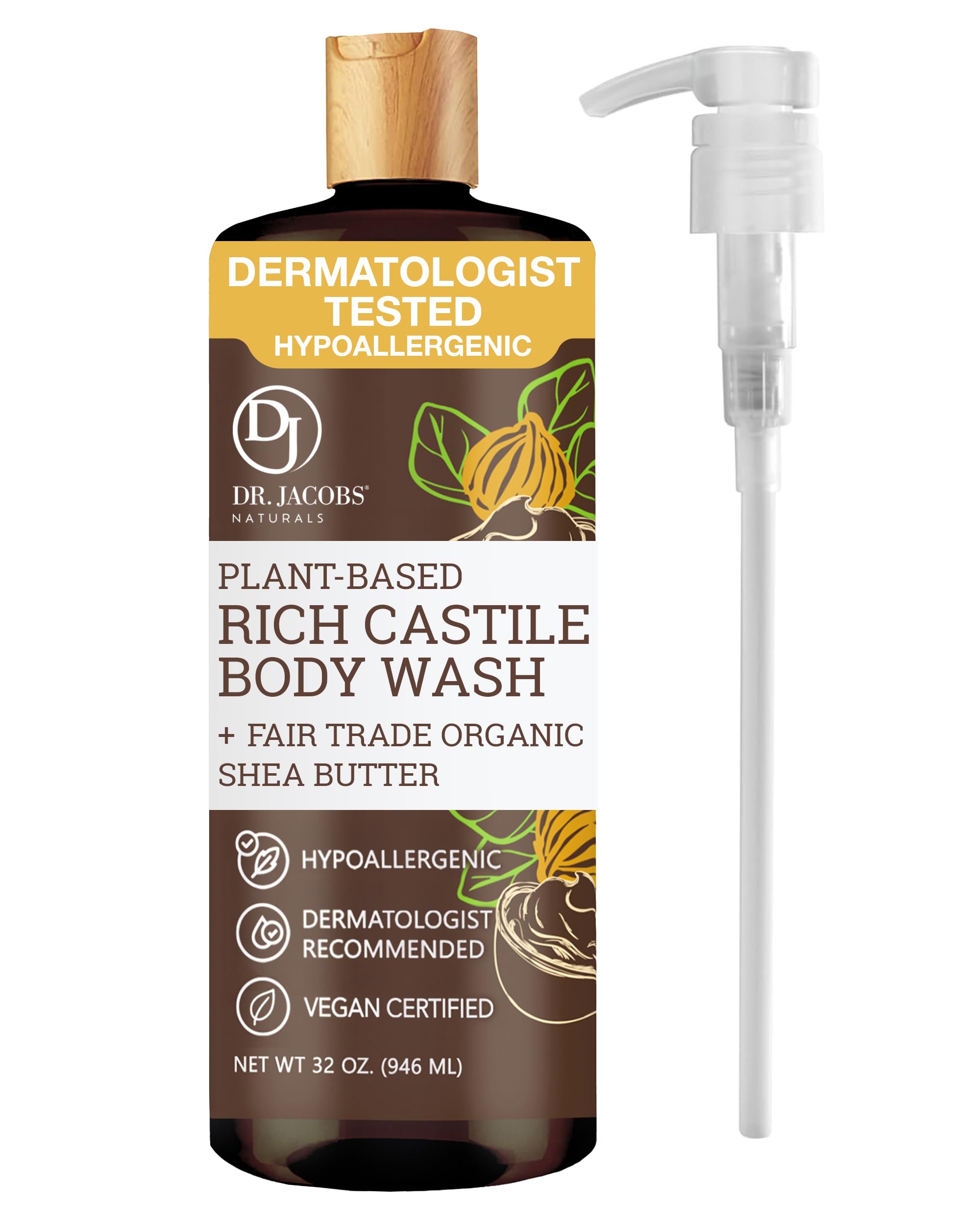 Dr. Jacobs Naturals Castile Shea Butter All-Natural Body Wash for Moisturizing Dry and Sensitive Skin with Plant-Based Ingredients with Pump - 32