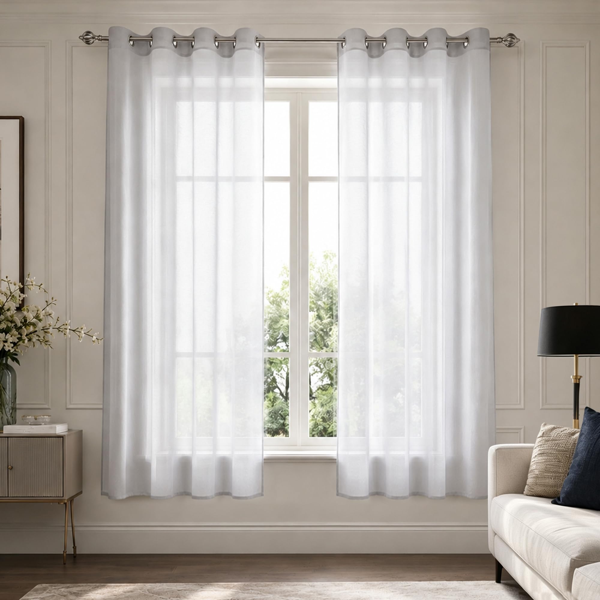 Mrs.Naturall Lot de 2 panneaux de voilages argentés de 160 cm de long, décoratifs pour décor mural, voile à œillets pour salle de bain et chambre de filles adolescentes, ensemble de 2 panneaux