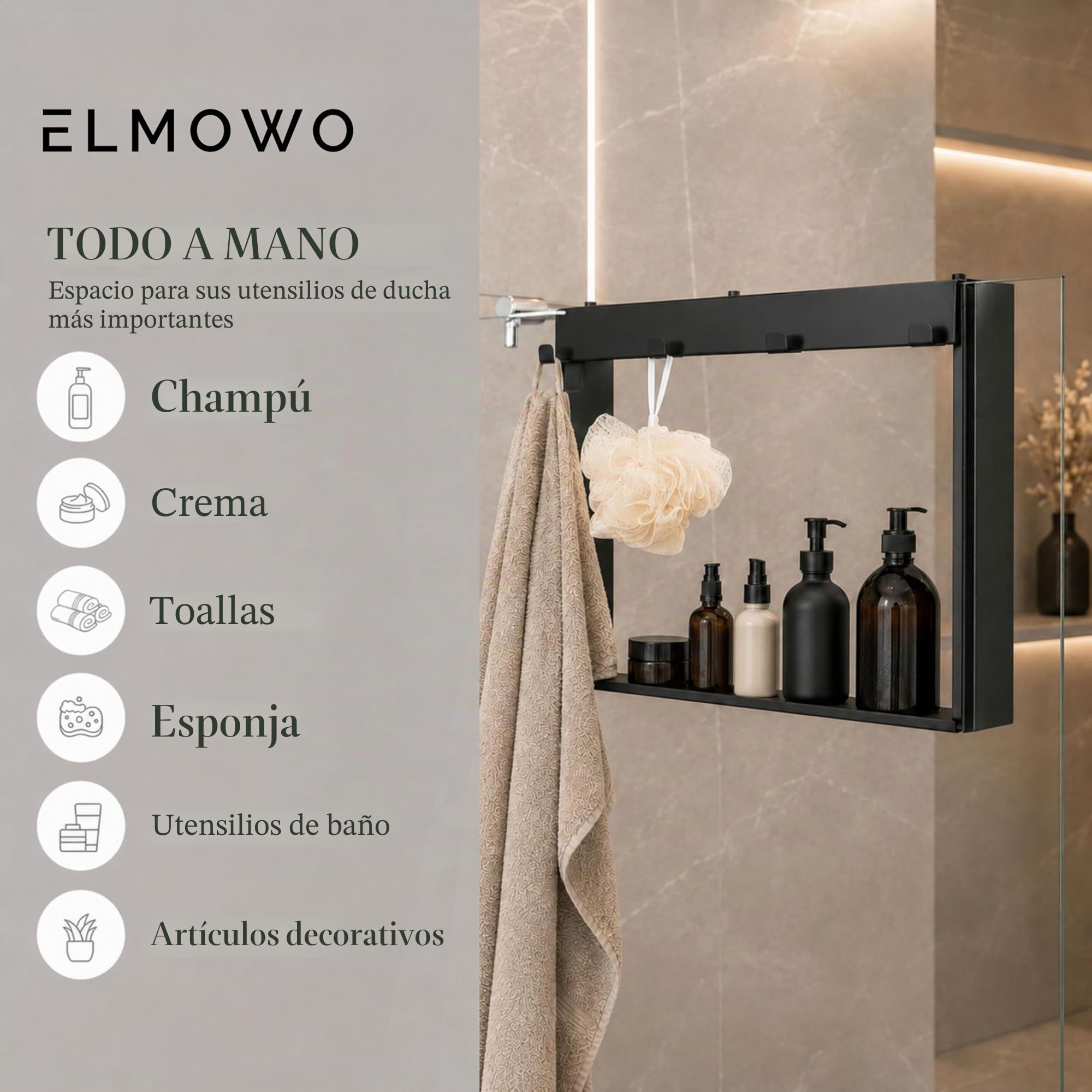Estantería de ducha de acero inoxidable para colgar sin taladrar para puerta/pared de vidrio - Estantería de ducha para colgar con 4 ganchos - Estante para mampara de ducha de vidrio como