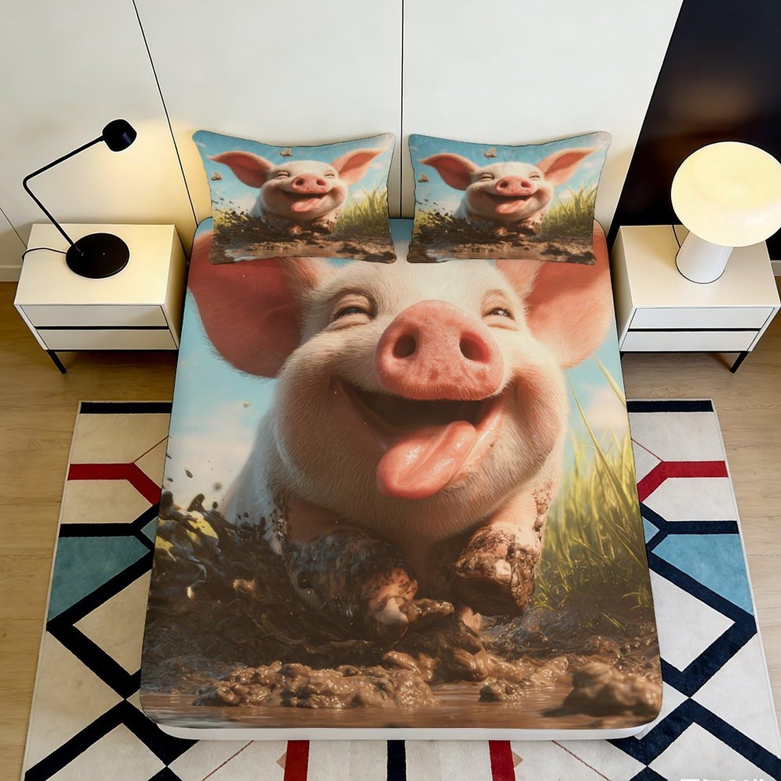 3D Printed Smiling Pig Fitted Sheet Microfiber Soft Animal Cartoon Bed Cover for Bedroom Dorm Decorative Protection 90x200x25cm