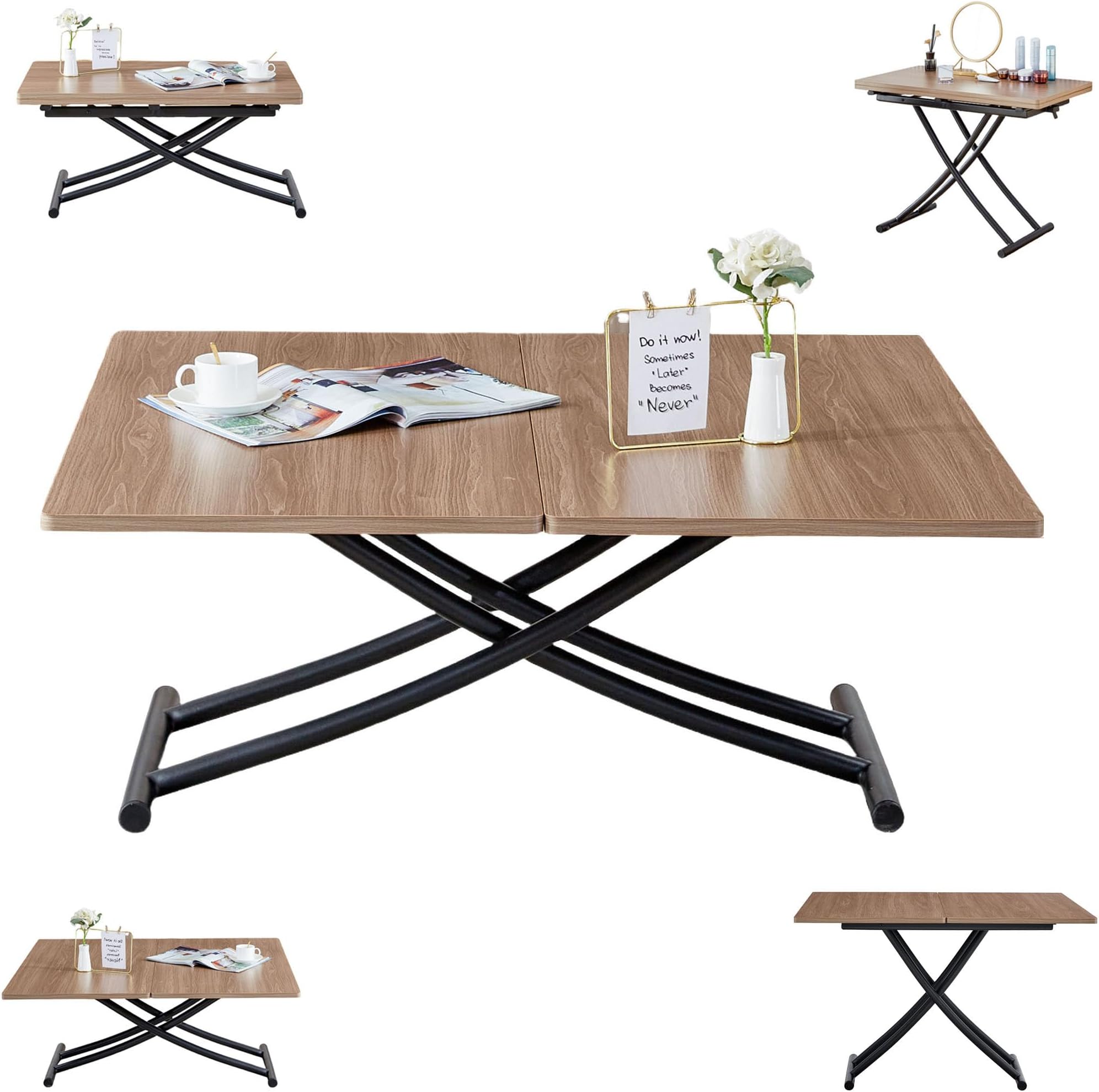 Multifunctional Folding Table, Lift Top Coffee Table Convertible to Dining Table, Height Adjustable Wooden Dinner Table with Metal Legs, Modern for Small Spaces Dining/Living Room/Kitchen