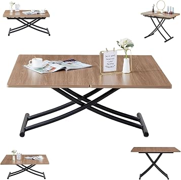 Multifunctional Folding Table, Lift Top Coffee Table Convertible to Dining Table, Height Adjustable Wooden Dinner Table with Metal Legs, Modern for Small Spaces Dining/Living Room/Kitchen