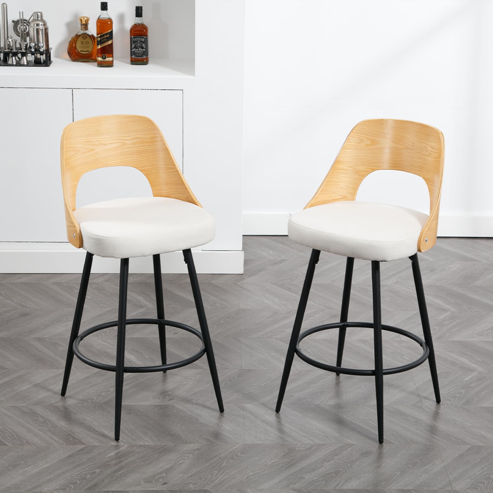 Set of 2 High Stools with Linen Cushion and Wooden Back, Kitchen Stool with Matt Legs, Bar Stool for Concine/Restaurant/Bar, Beige
