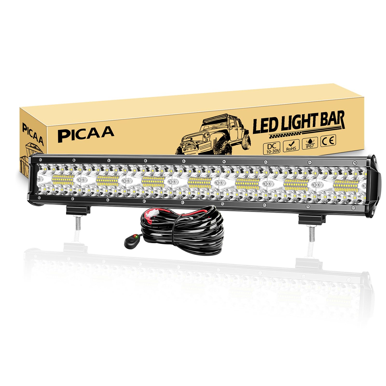 PICAA Reflektor roboczy 51 cm, 420 W, belka świetlna 12 V, z wiązką przewodów, dodatkowy reflektor do SUV, offroad, ATV, traktora, 4 x 4
