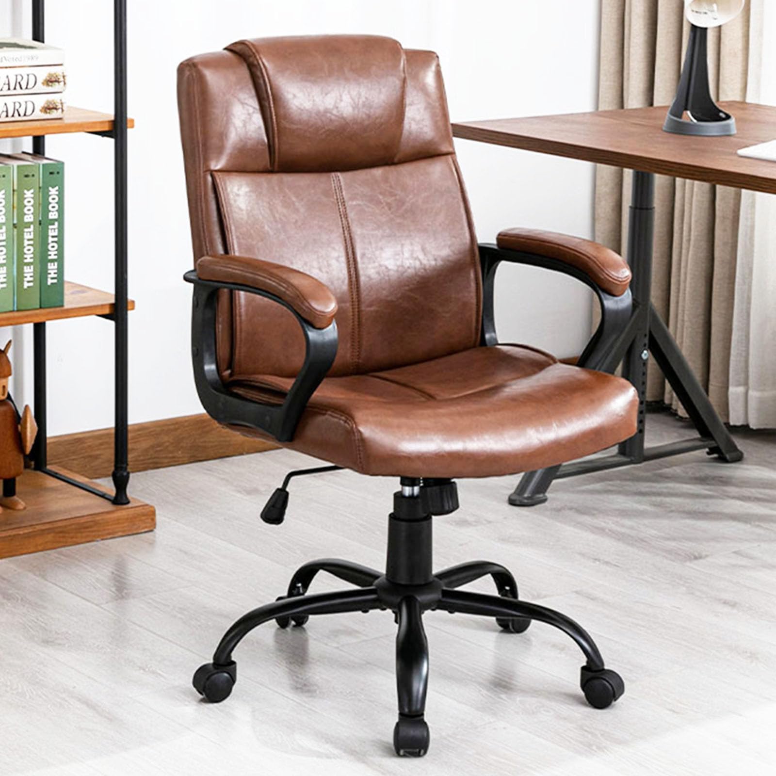 DYHOMELeather Office Chair Brown Desk Chair with Padded Armrests, Home Office Desk Chair Mid Back Ergonomic Computer Chair with 30° backrest recline, Capacity 400lbs