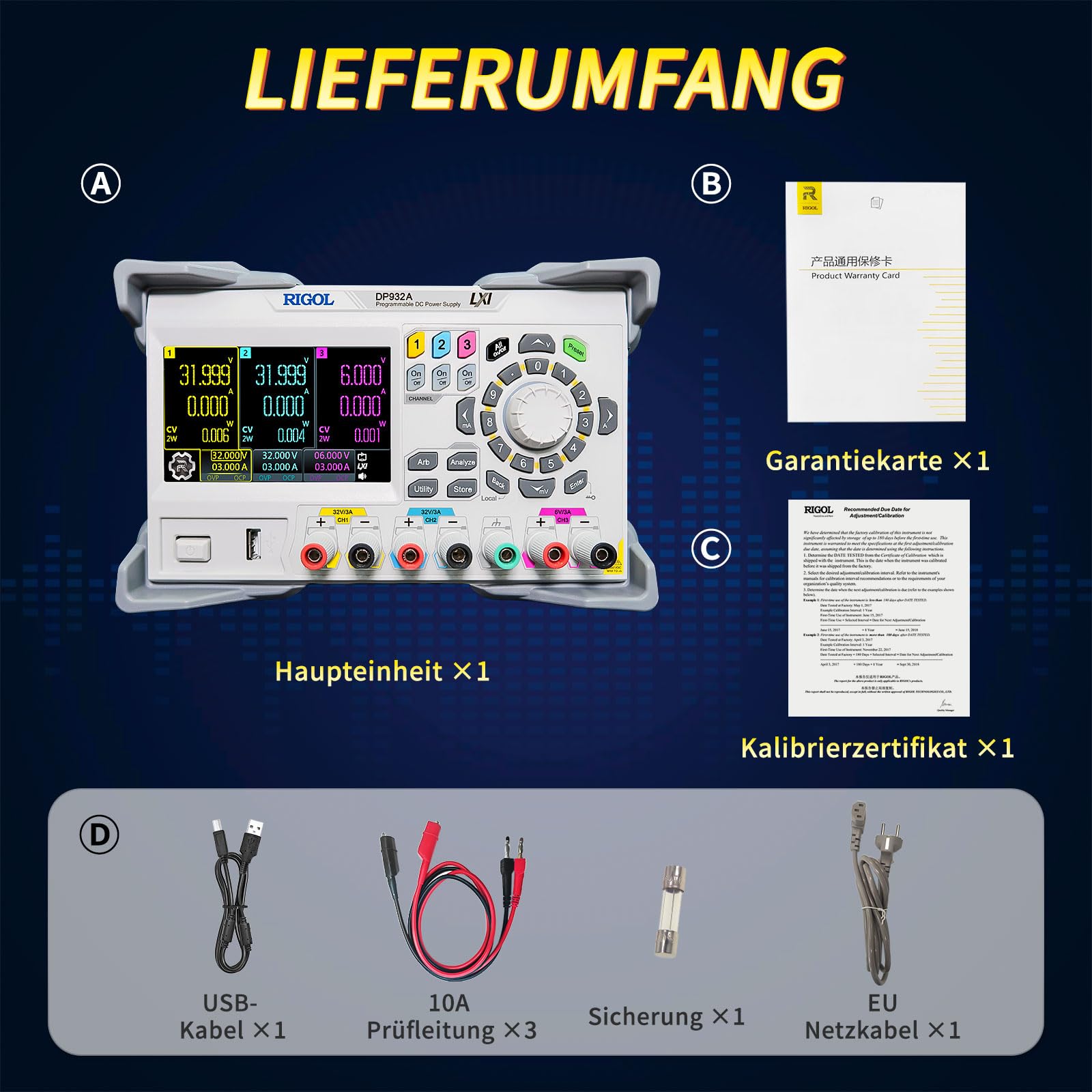 RIGOL Labornetzteil DP932A,Netzteil Regelbar,3 Ausgänge,32V/3A,32V/3A,6V/3A,Auflösung 1mV/1mA,automatische Reihen-und Parallelschaltung,Labor DC-Stromversorgungen