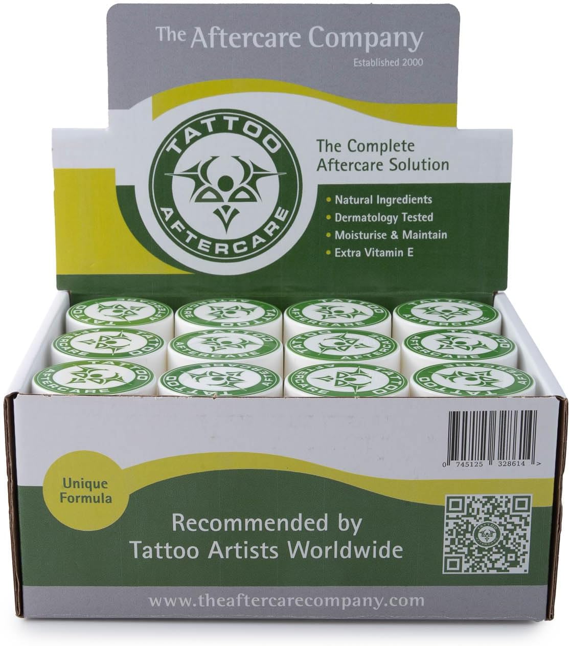 The Aftercare Company Tattoo Aftercare Vegan Box 24 x 20g - Dermatology Approved - Moisturise, Soothe, Maintain - Cruelty Free - Unique Formula with Extra Vitamin E