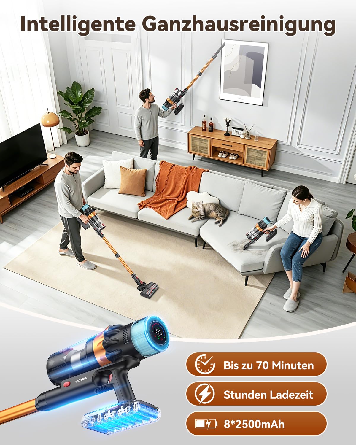 TechRise Aspirador de polvo con batería, 58 KPA/680 W/70 min, pantalla táctil LED, 3 modos inteligentes, antienredos y filtro 8 en 1, autoportante, para alfombras, suelos duros y pelo de mascotas