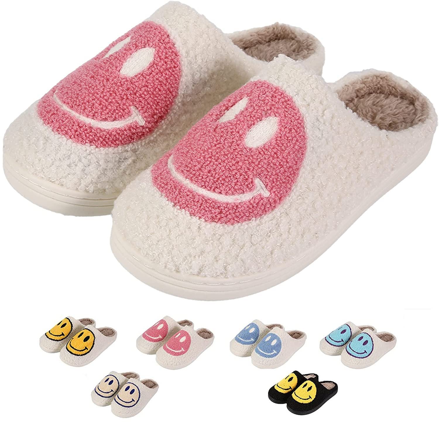 LEZIRTOIRetro Fuzzy Face Slippers for Women men， Womens Girls Cute Yellow the Lable Face House Slippers for Indoor Outdoor Pink/White/Black/Blue