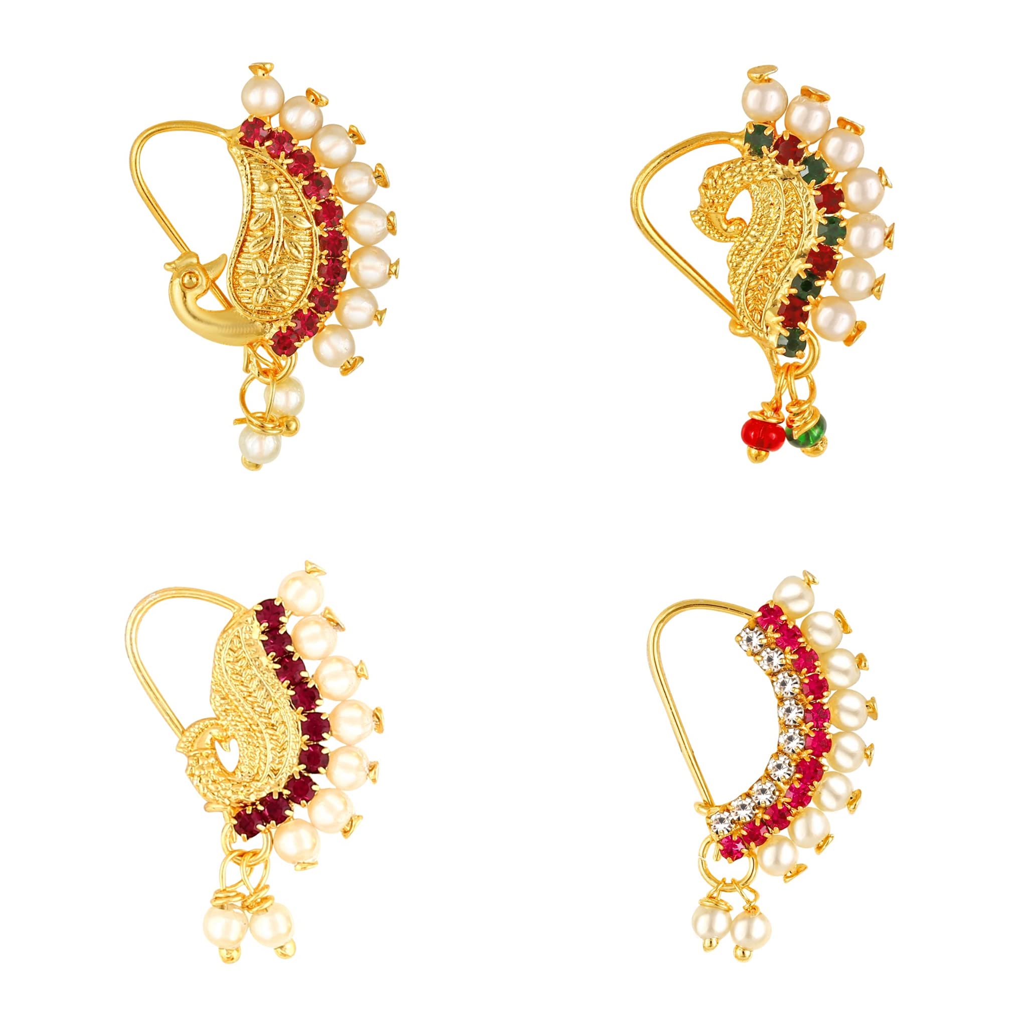 Vighnaharta Piercing Gold Plated Mayur design with Pearls and AD Stone Alloy Maharashtrian Nath Nathiya./ Nose Pin combo valentine day gift valentineday gift for her gift for him gift for women gift for women VFJ1006-1005-1007-1010NTH-Tar-image-46