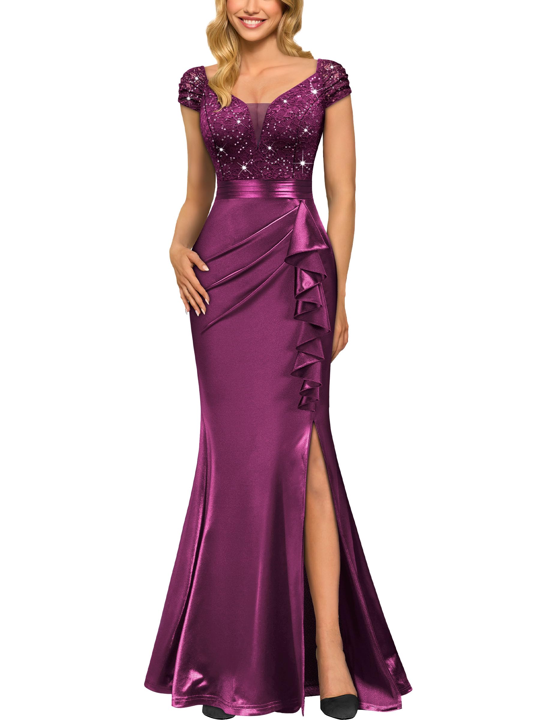 Miusol Women's Vintage V-Neck Slim Style Ruffle Split Evening Formal Maxi Dress