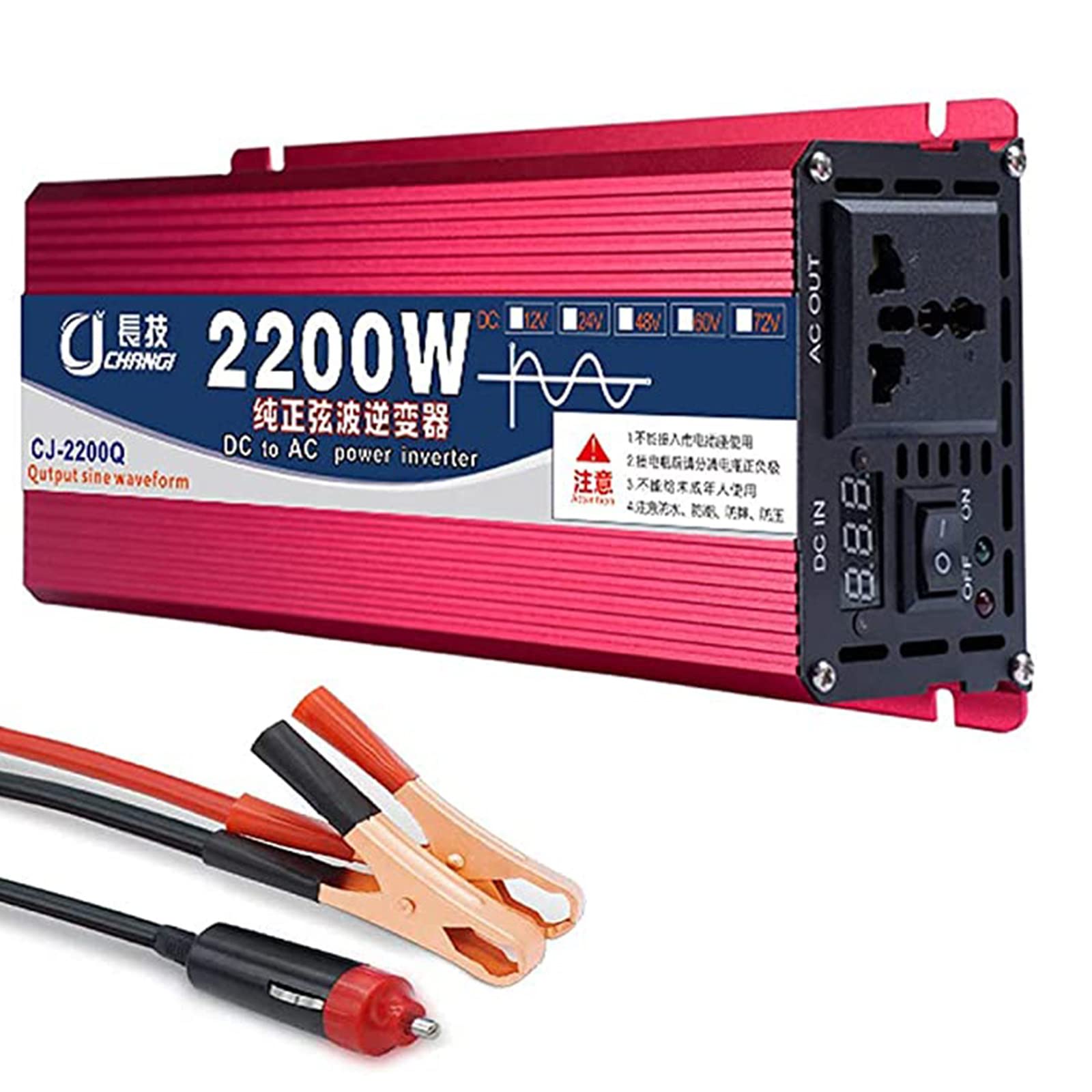 Inversor sinusoidal Pura, 1600w/2200w/3000w con Salidas de CA Convertidor de batería de Potencia de Salida Pantalla LCD DC 12v 24v 48v 60v a AC 110v-220v Inversor de Corriente para automóvil, 2200W-