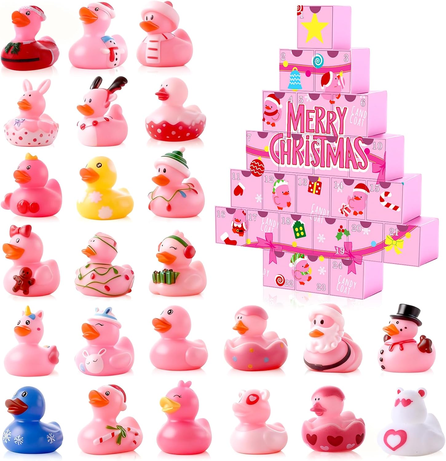 Sotiff 24 Pcs Christmas Rubber Duck Gift Advent Calendar 2026 Surprise Ducky Bath Set for Holiday Party Favor Stocking Stuffers Gift Exchange(Yellow-green,Christmas)