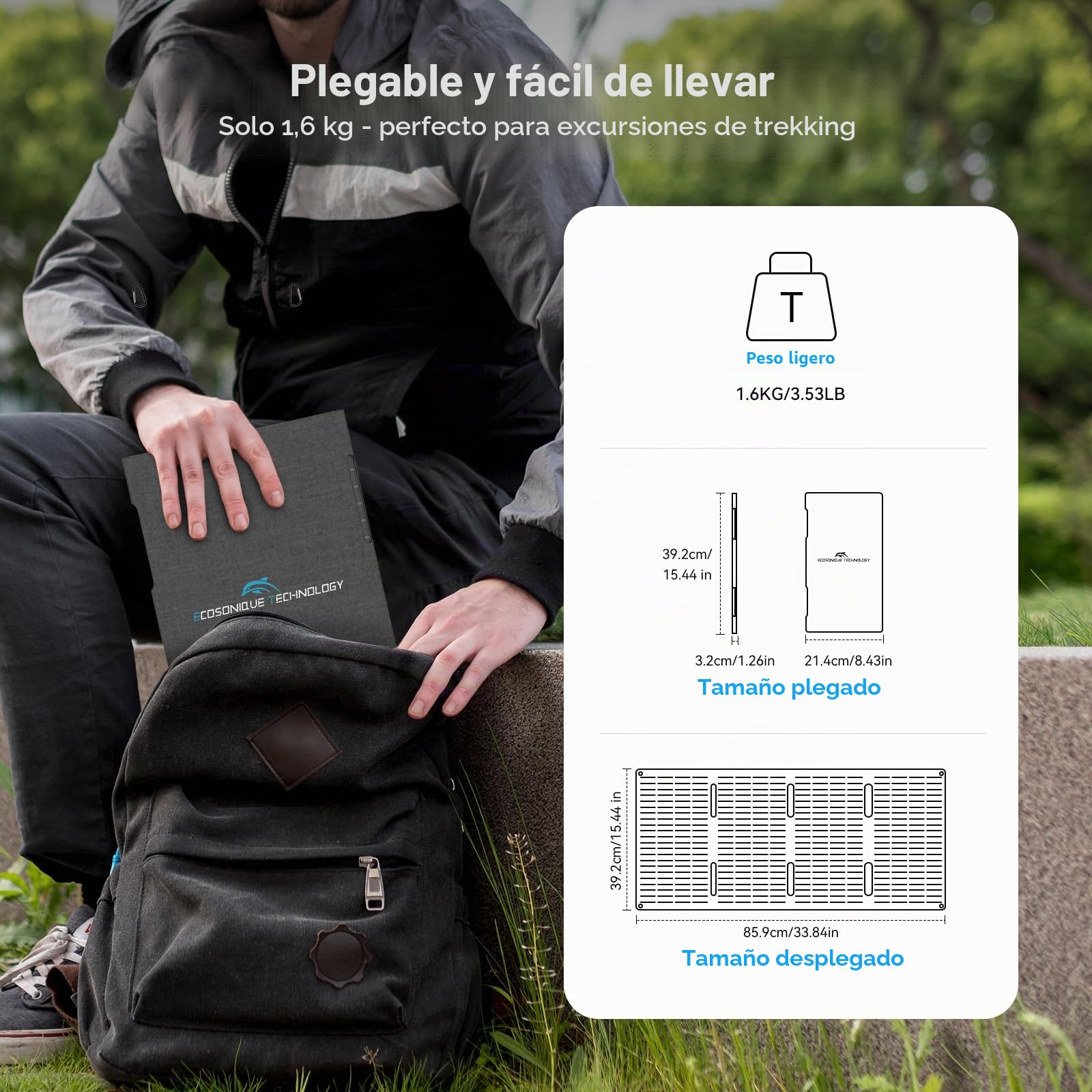 Ecosonique Panel Solar Portatil 60w ETFE 23% Eficiencia, Carga Rápida USB-C PD3.0 Y USB-A QC3.0, Salida De 18 V CC, Cargador Solar Para Central Eléctrica, Camping, Autocaravana Y Emergencias