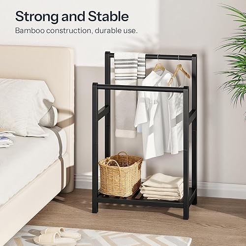 Miniatura 2 de HOOBRO Toallero independiente para baño, estante decorativo de bambú para mantas de 2 niveles, soporte de exhibición de edredón con estante de