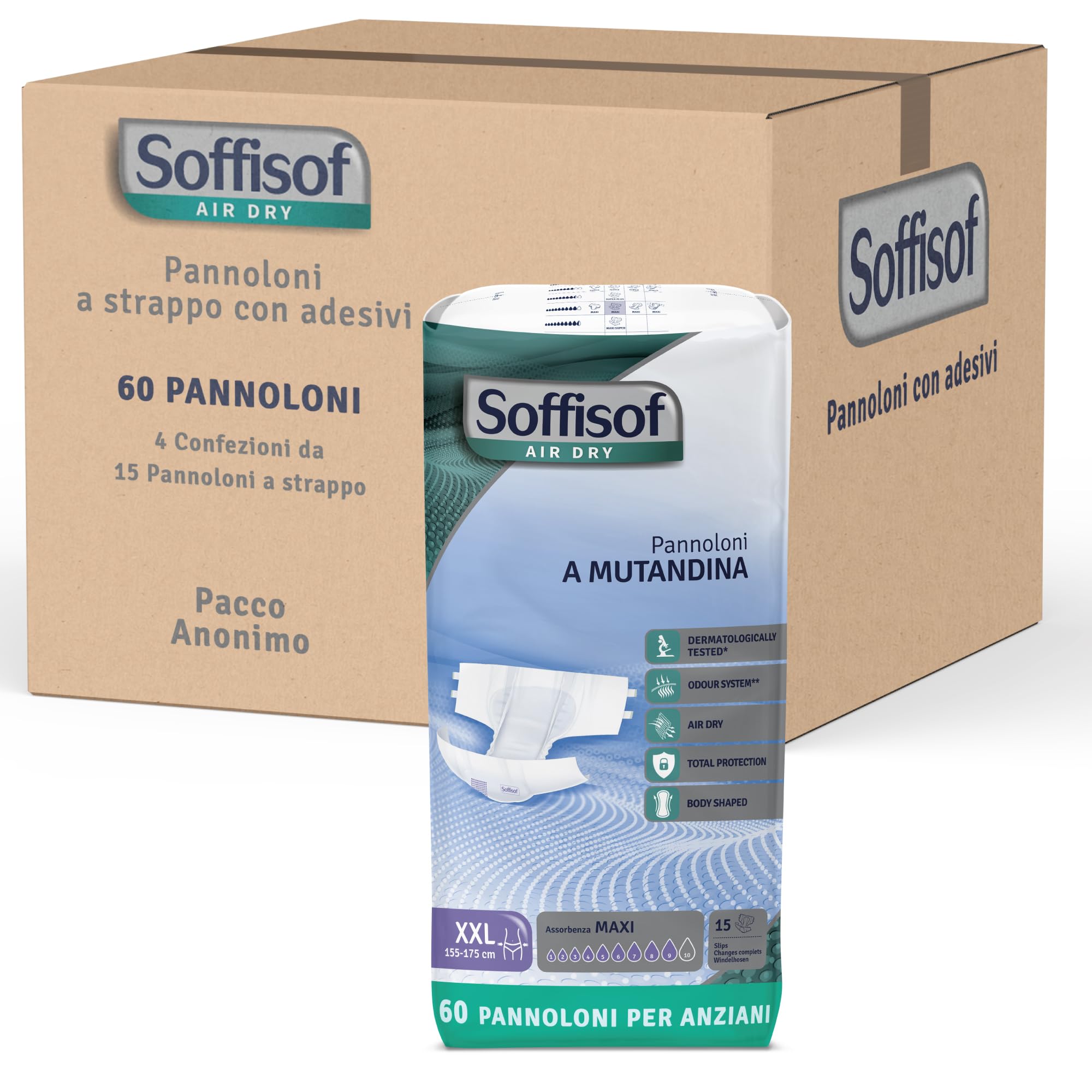 Soffisof Air Dry Pannoloni con Adesivi Maxi XXL - 60x Pannoloni per Anziani a Mutandina Notte Super Assorbenti - 4 Confezioni da 15 Pezzi, Assorbenza fino a 9 Gocce - Ausili Incontinenza Uomo e Donna
