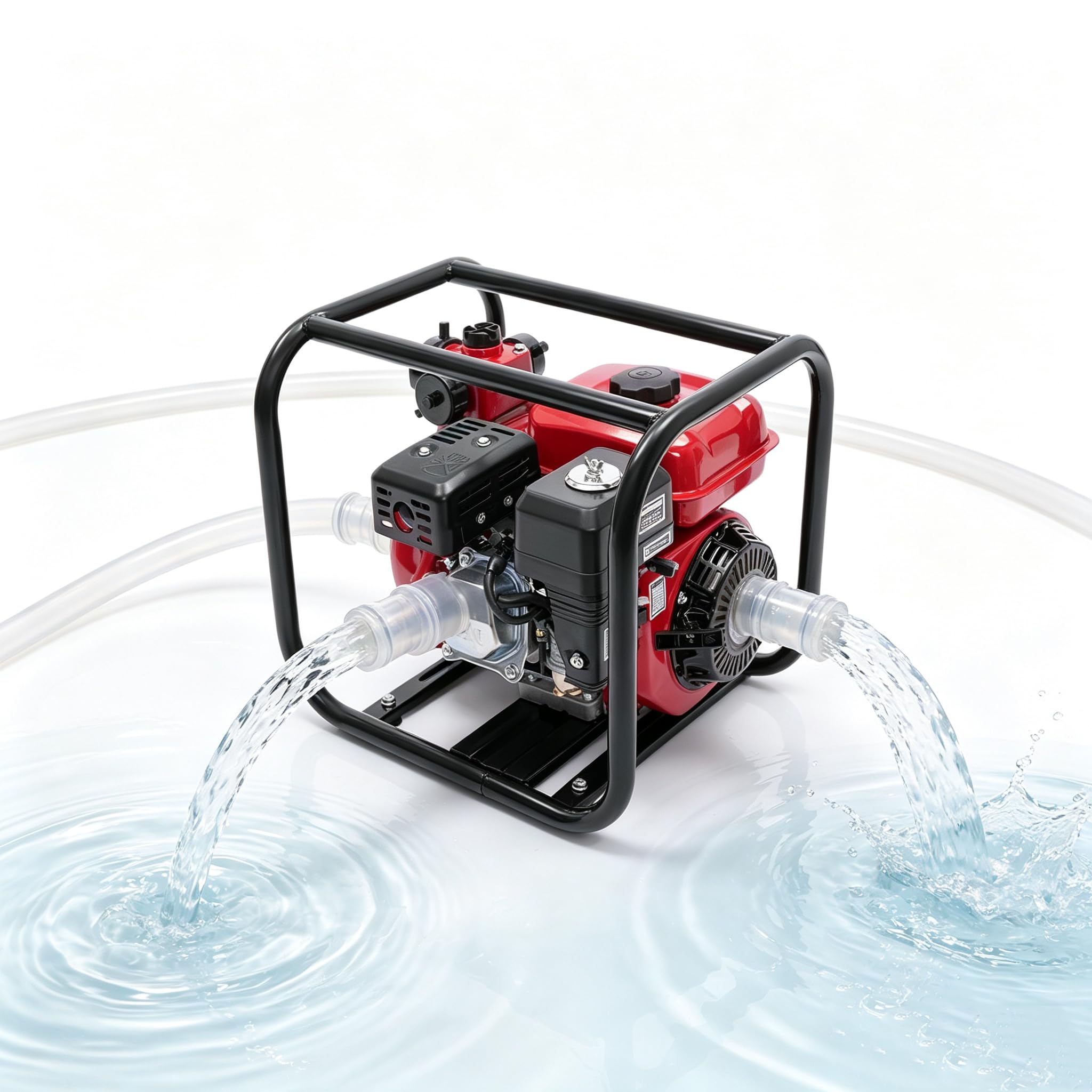 Pompe à eau à essence 4 temps avec réservoir de carburant de 3,6 l - 3600 tr/min - Refroidie par air - Hauteur de refoulement : 100 m - Pompe d'arrosage - Tuyau d'eau de 7,5 m