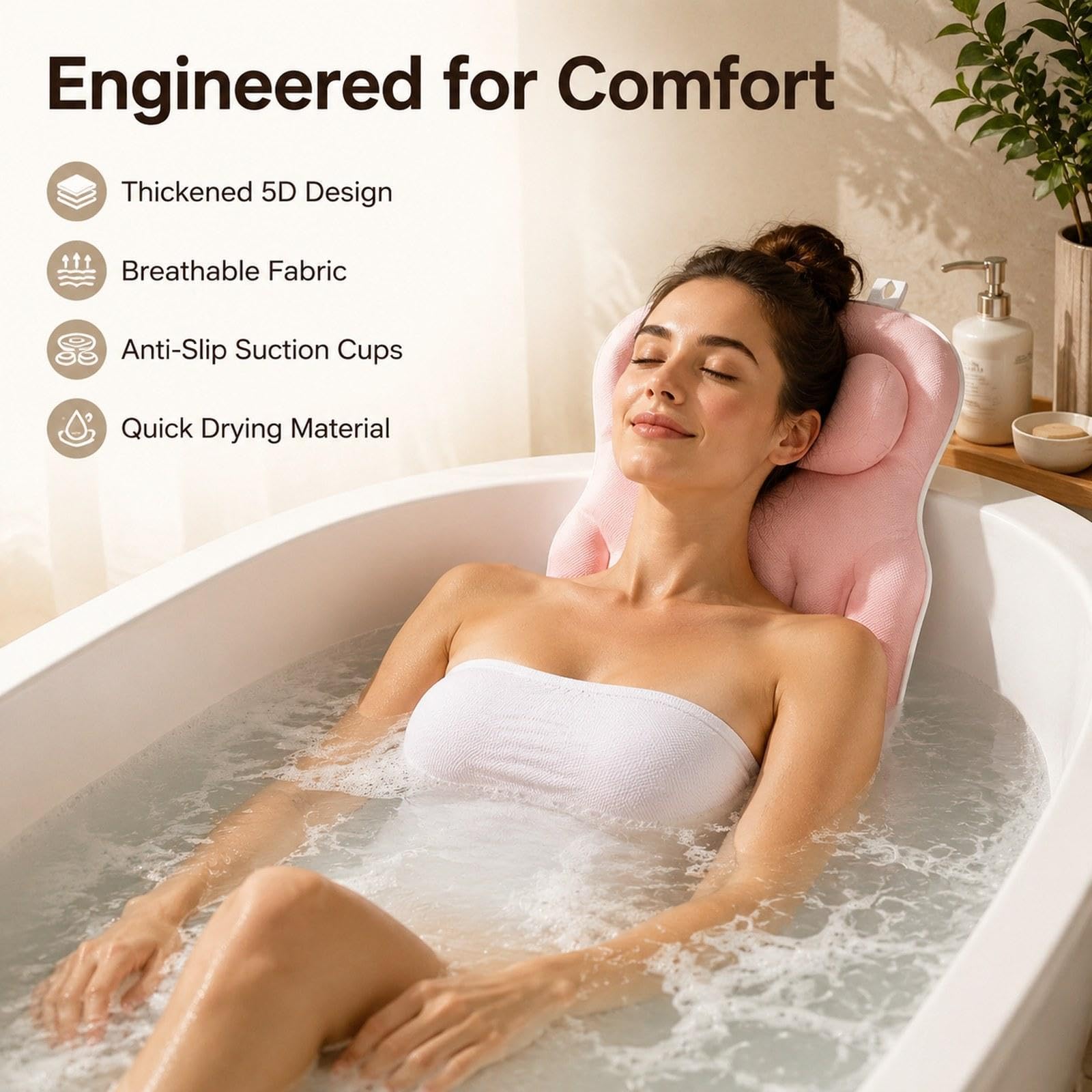 Almohada Baño Cuerpo Completo Almohadilla Bañera Cojín SPA con Ventosas Material Mesh Diseño Ergonómico Suave Antideslizante Adecuada para Ad, Rosa, Individual