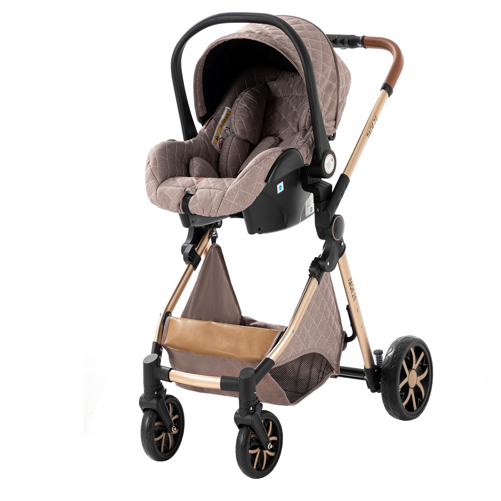 NADDLILY Passeggino Trio, Passeggino 3 in 1 con Spinta Reversibile a Due Vie, Trio Passeggino Neonati con Accessori, Carrozzina per Neonati con Design Portatile Pieghevole Un Clic (V9 Khaki)