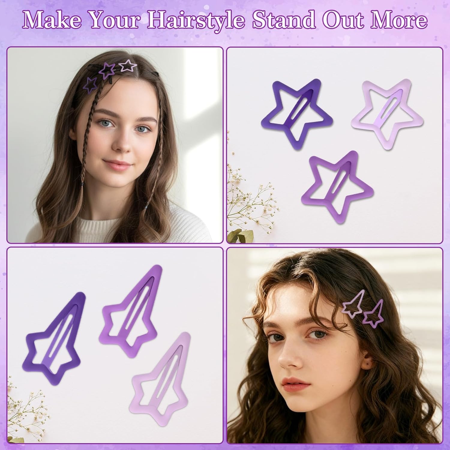 21Pcs Purple Hair Clip, Star Hair Clips, Purple Cute Hairs Accessories Hairs Clips Snap Clip, Non-Slip Y2k Stars Barrettes for Women Girls Gift - Image 4