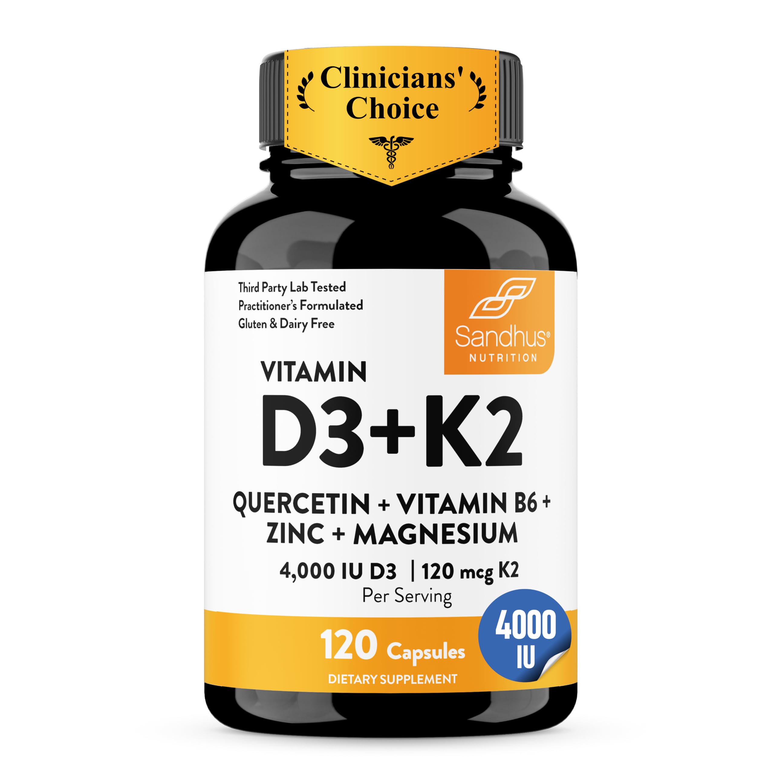 Vitamin D3 K2 4000 IU 120mcg Magnesium Zinc B6 Quercetin Capsules 120 Count