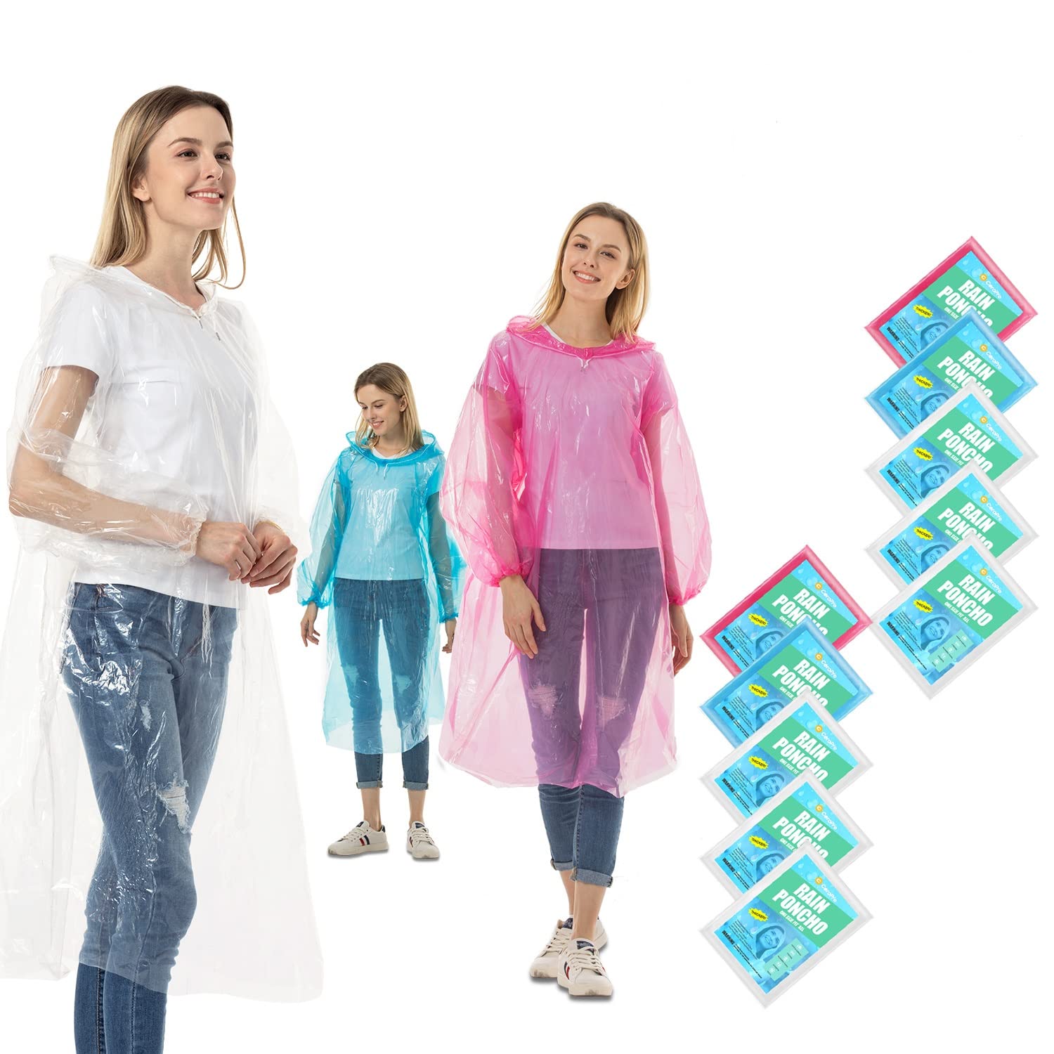 Disposable Rain Ponchos for Adults, 5 Pack Clear Ponchos with Hood Family Pack Emergency Disposable Poncho